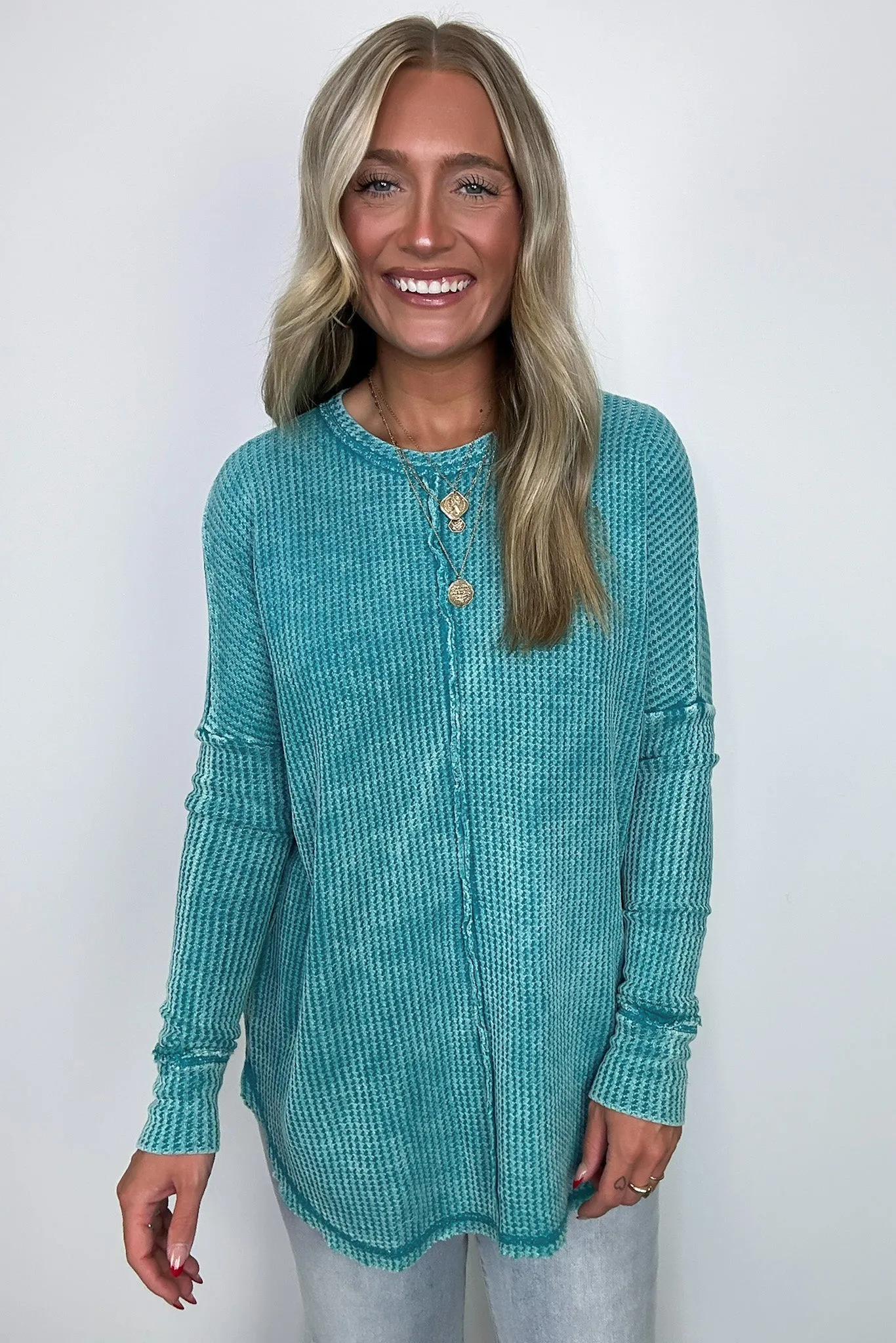 Marbella Mineral Washed Waffle Knit Long Sleeve Top - BACK IN STOCK
