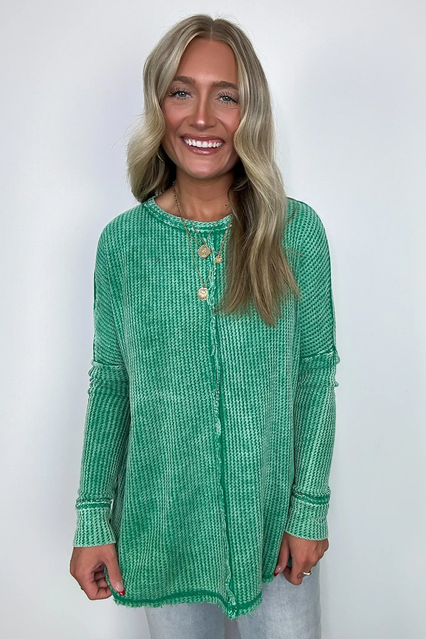 Marbella Mineral Washed Waffle Knit Long Sleeve Top - BACK IN STOCK
