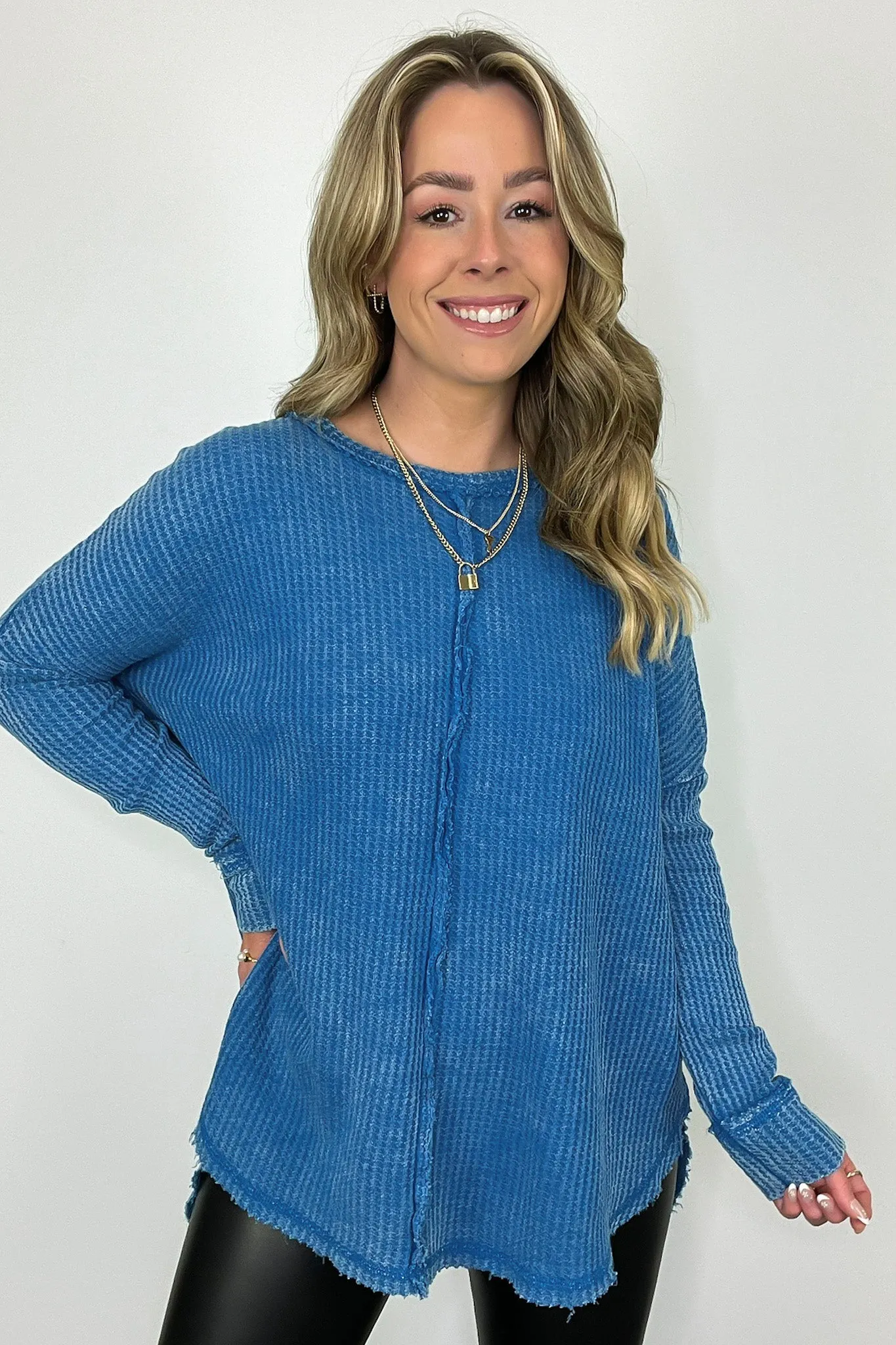 Marbella Mineral Washed Waffle Knit Long Sleeve Top - BACK IN STOCK