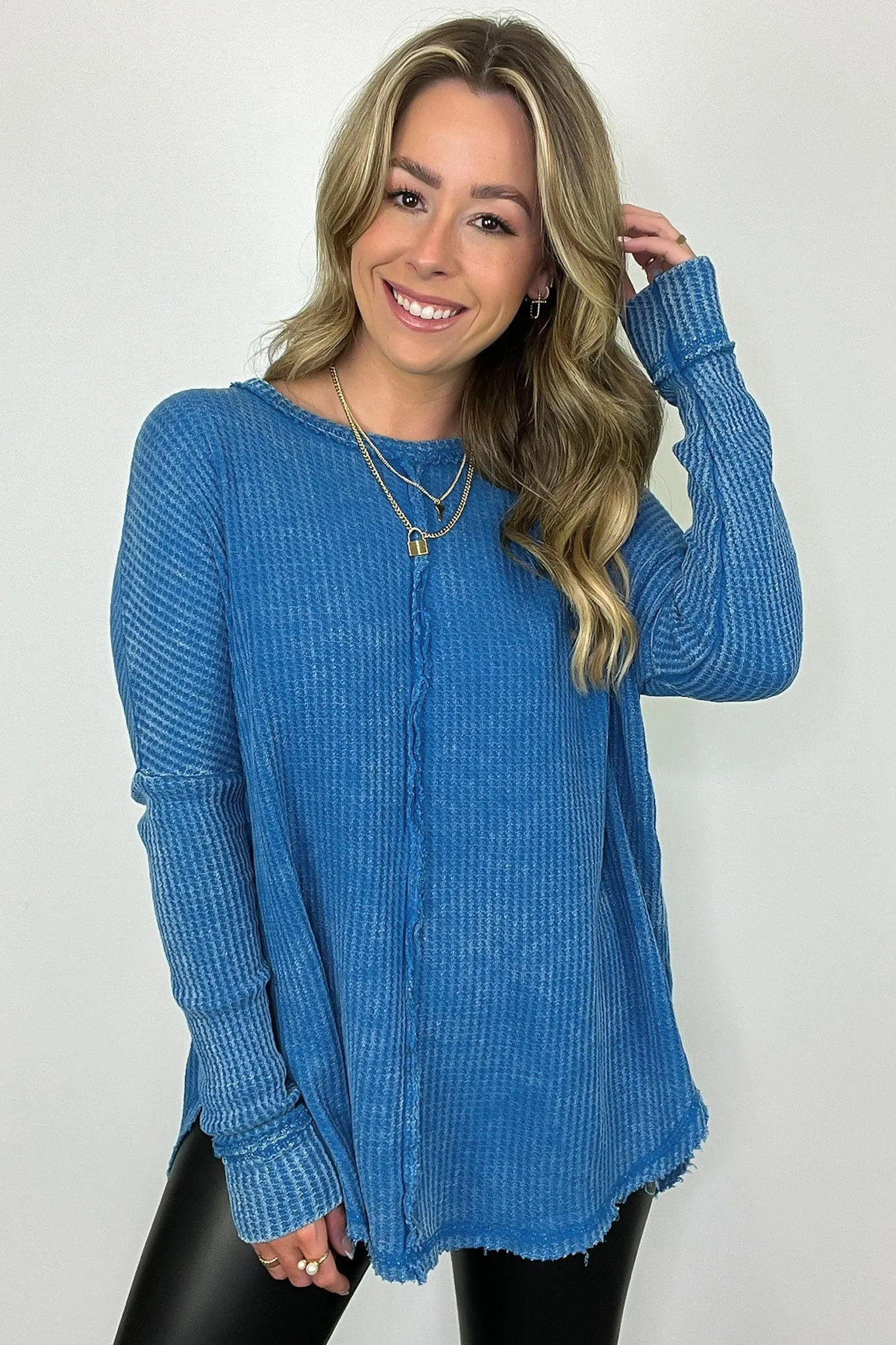 Marbella Mineral Washed Waffle Knit Long Sleeve Top - BACK IN STOCK