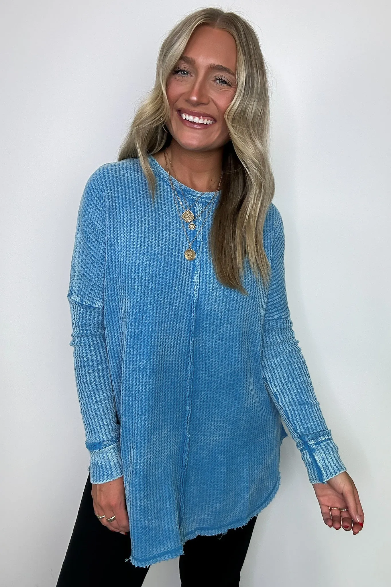 Marbella Mineral Washed Waffle Knit Long Sleeve Top - BACK IN STOCK