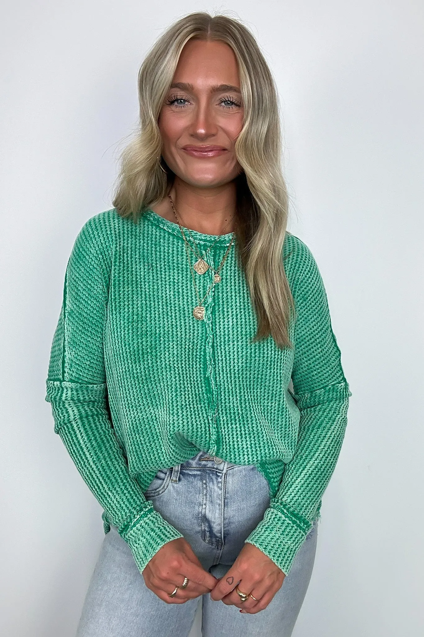 Marbella Mineral Washed Waffle Knit Long Sleeve Top - BACK IN STOCK