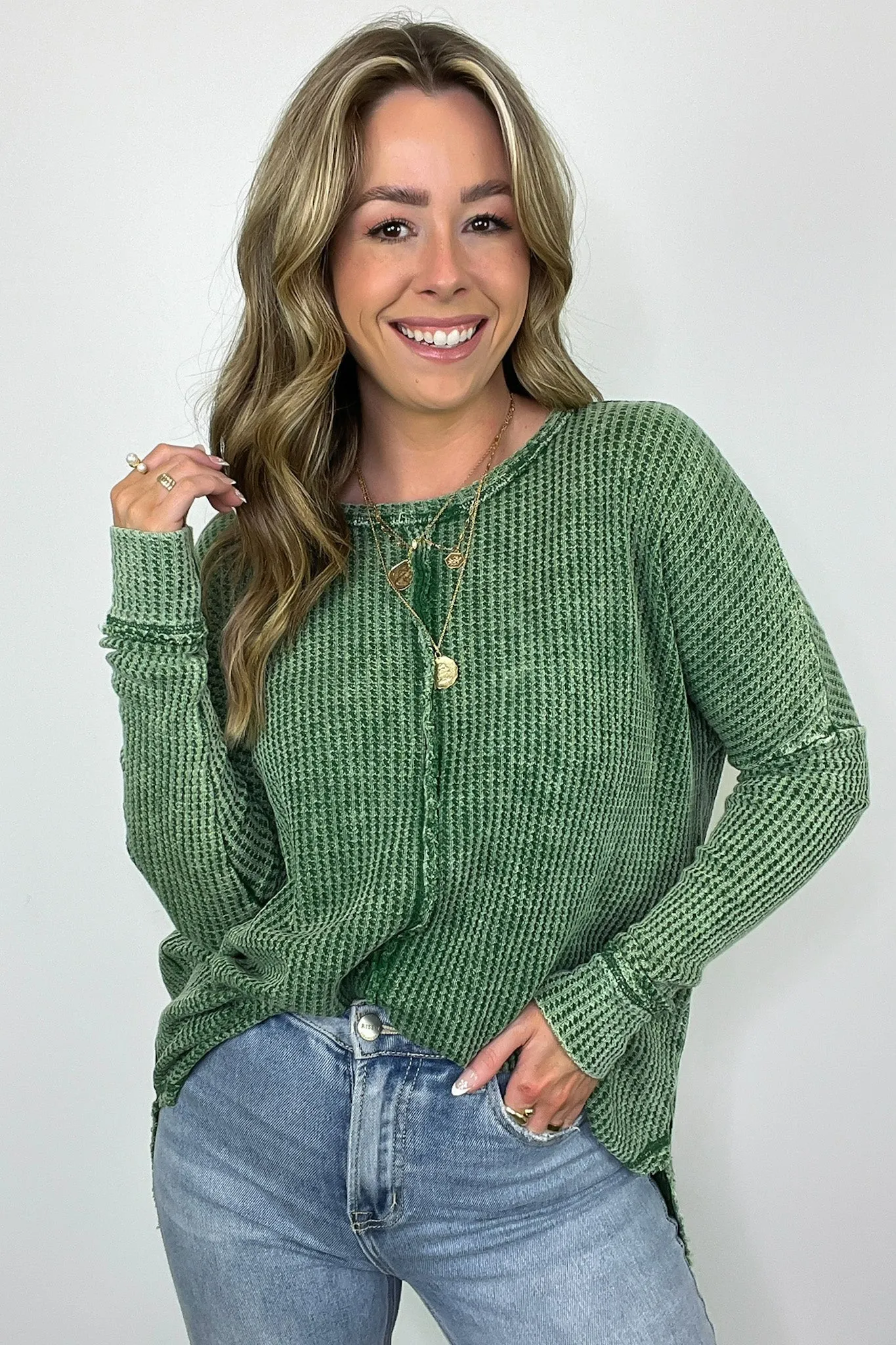 Marbella Mineral Washed Waffle Knit Long Sleeve Top - BACK IN STOCK