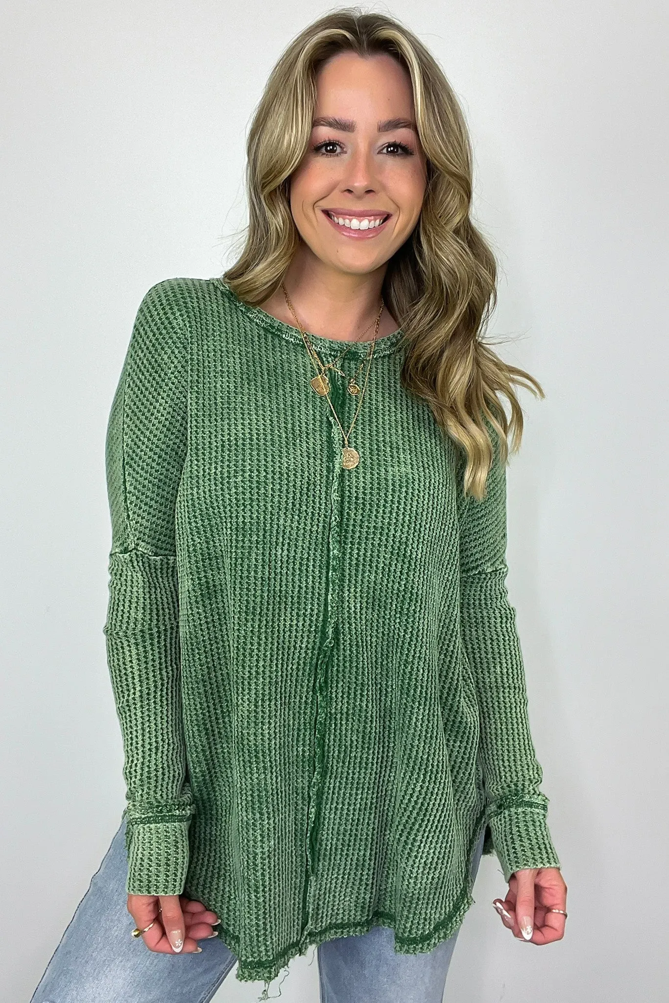 Marbella Mineral Washed Waffle Knit Long Sleeve Top - BACK IN STOCK