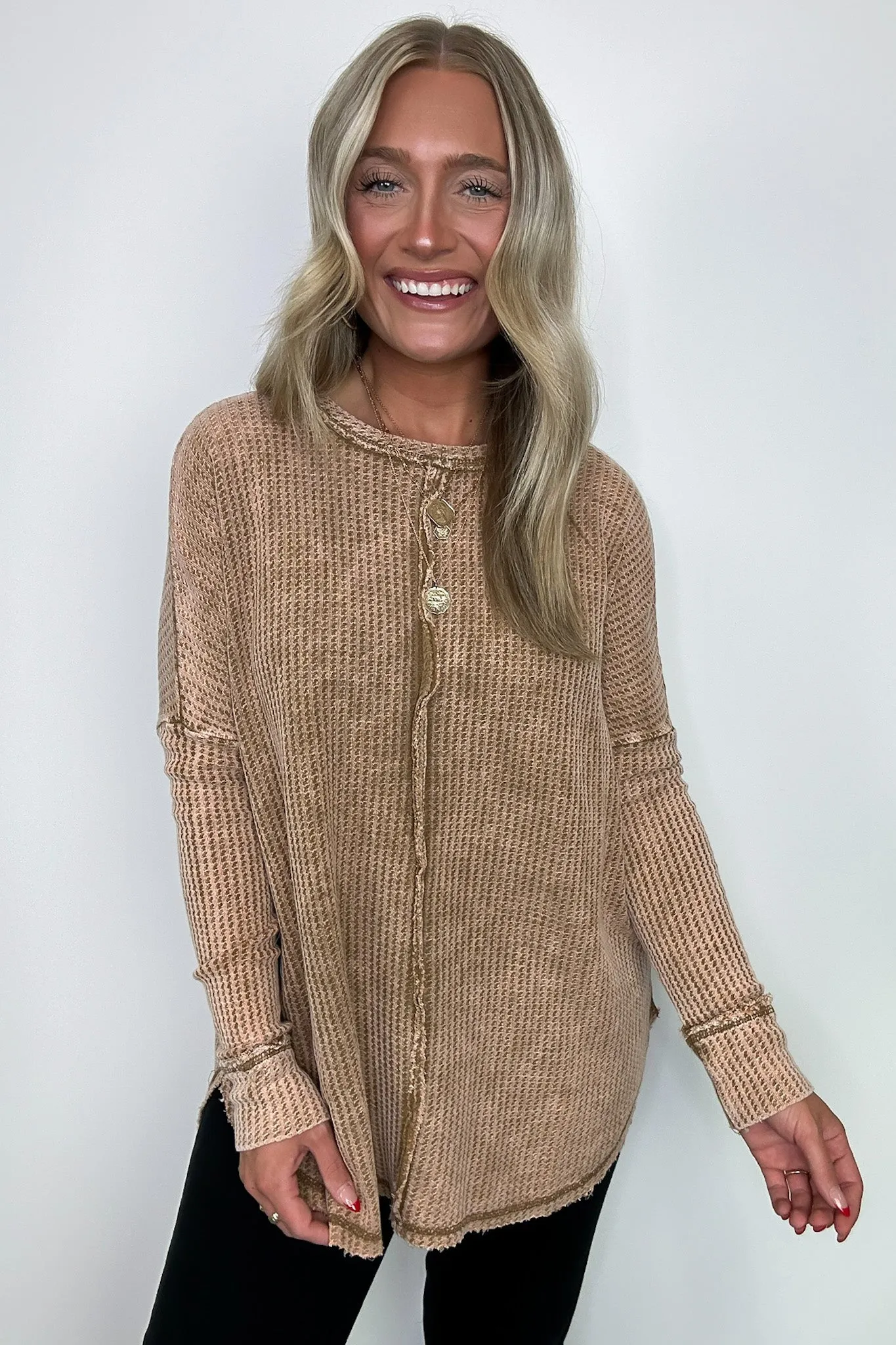 Marbella Mineral Washed Waffle Knit Long Sleeve Top - BACK IN STOCK