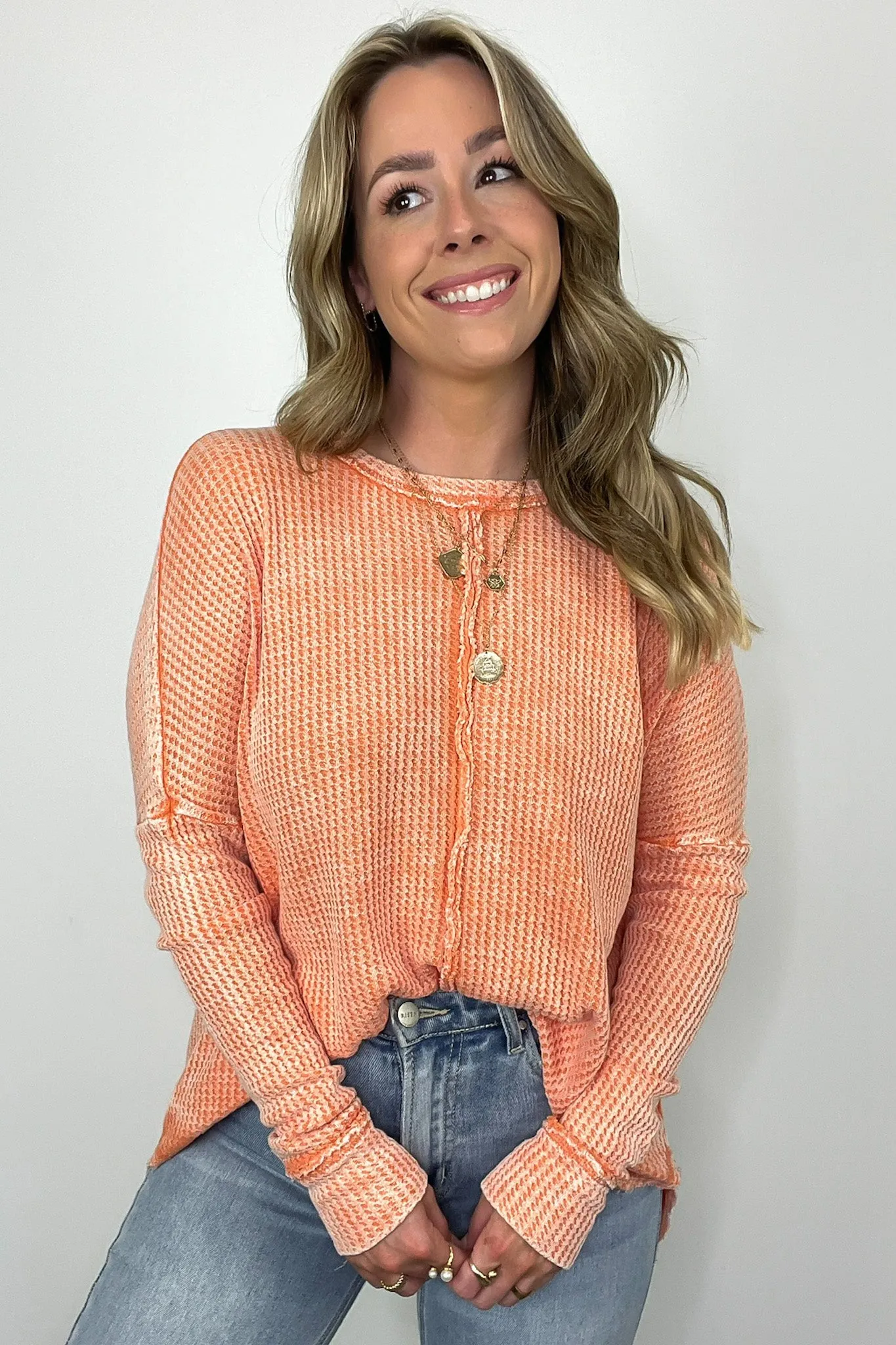Marbella Mineral Washed Waffle Knit Long Sleeve Top - BACK IN STOCK