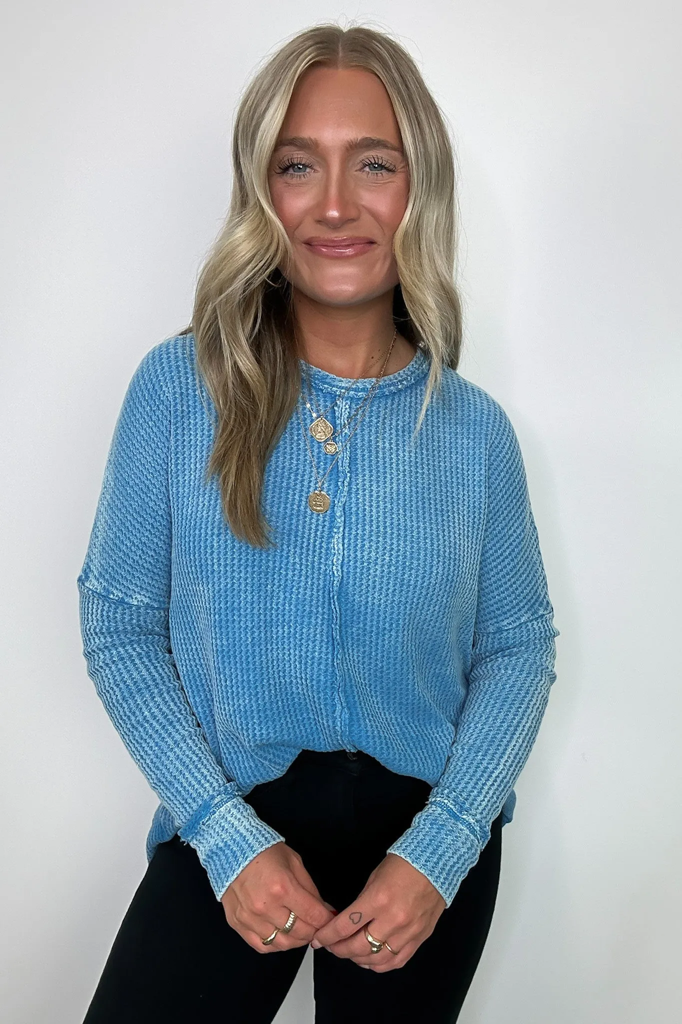 Marbella Mineral Washed Waffle Knit Long Sleeve Top - BACK IN STOCK