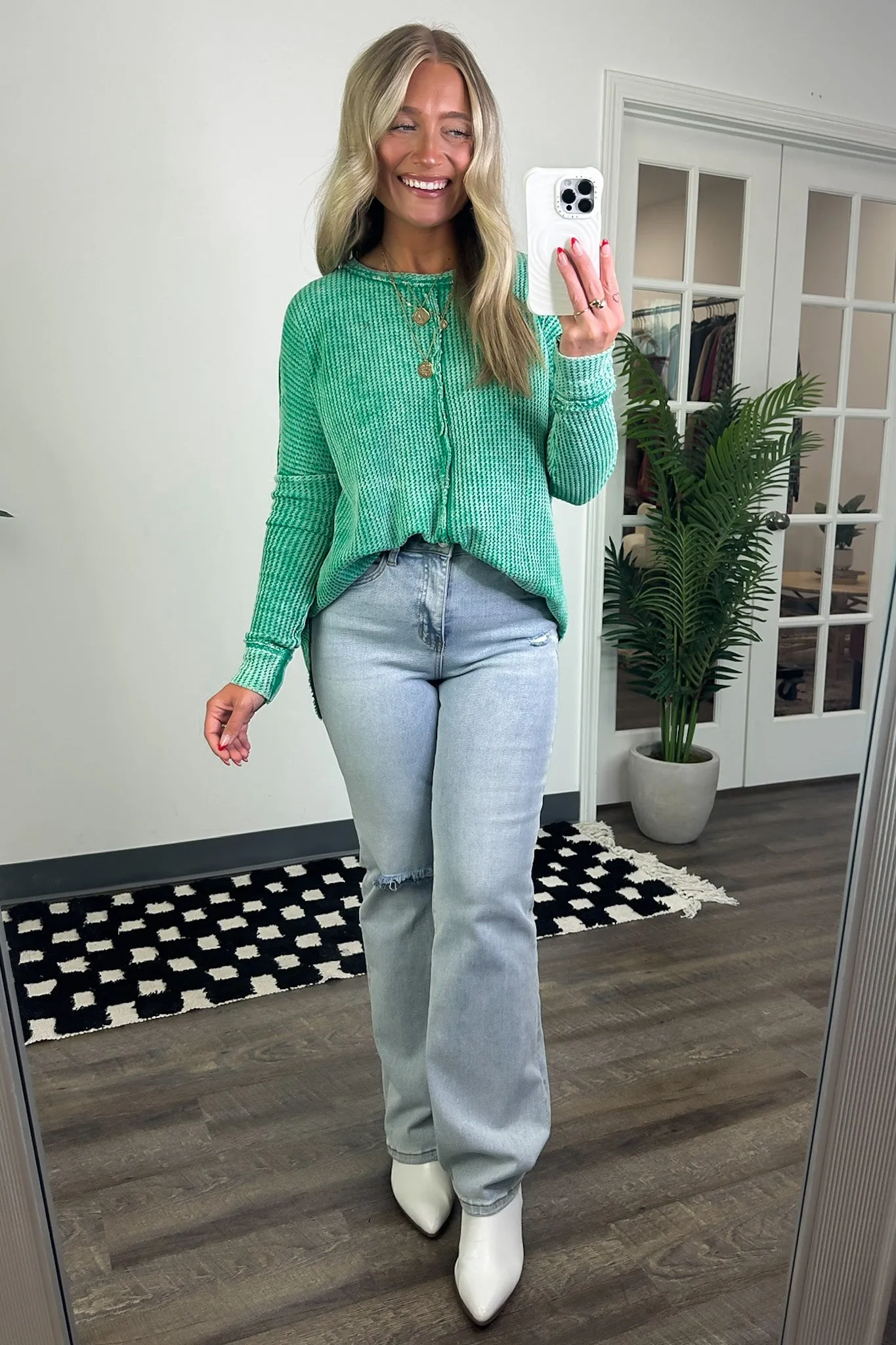 Marbella Mineral Washed Waffle Knit Long Sleeve Top - BACK IN STOCK