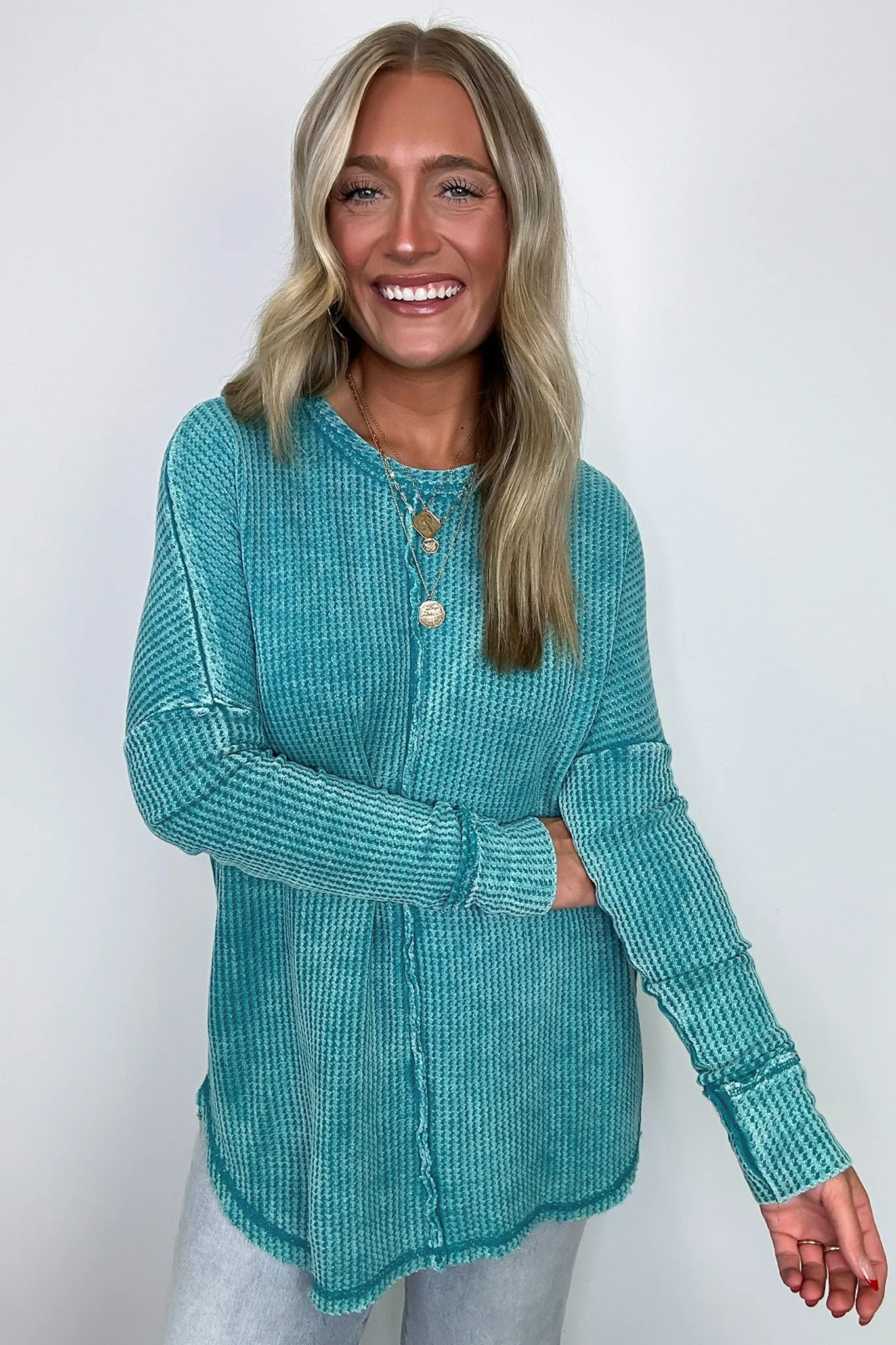 Marbella Mineral Washed Waffle Knit Long Sleeve Top - BACK IN STOCK