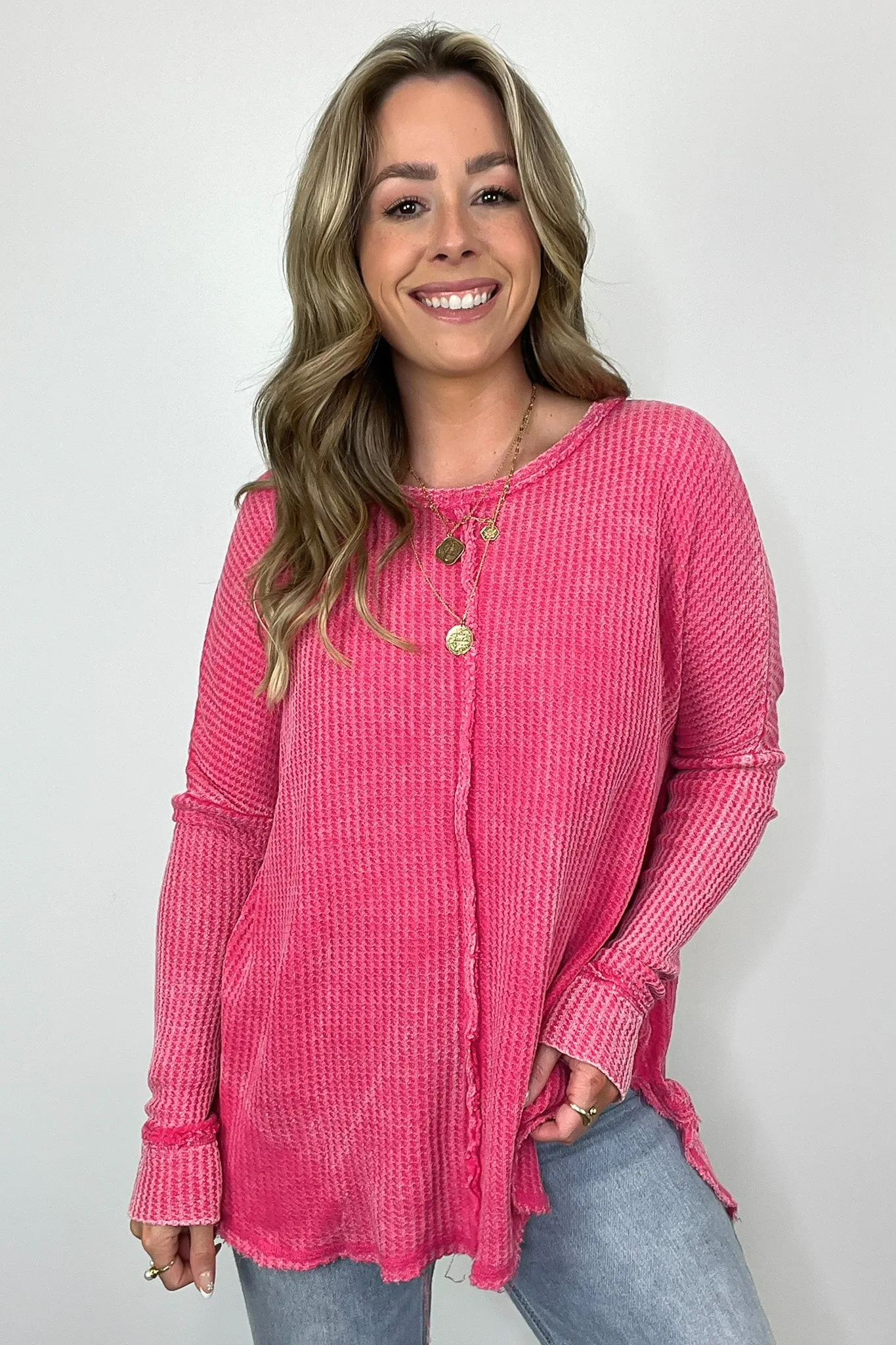 Marbella Mineral Washed Waffle Knit Long Sleeve Top - BACK IN STOCK