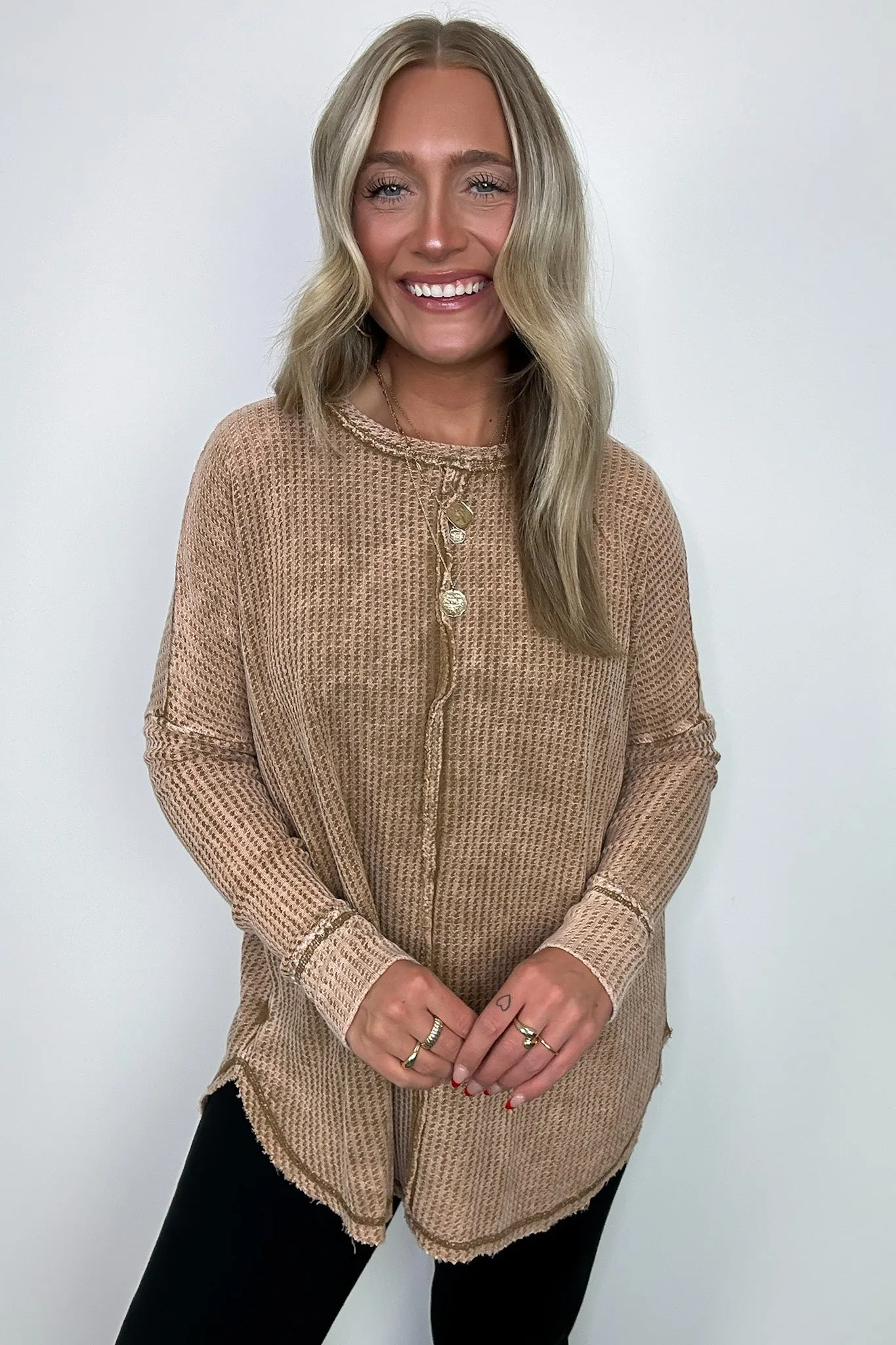 Marbella Mineral Washed Waffle Knit Long Sleeve Top - BACK IN STOCK