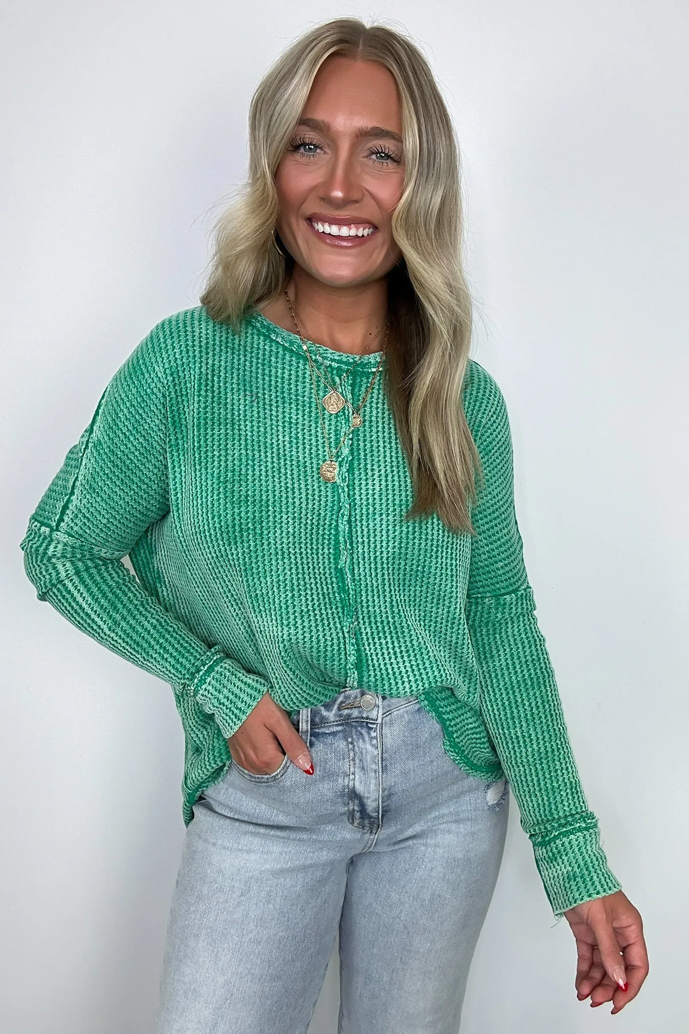 Marbella Mineral Washed Waffle Knit Long Sleeve Top - BACK IN STOCK