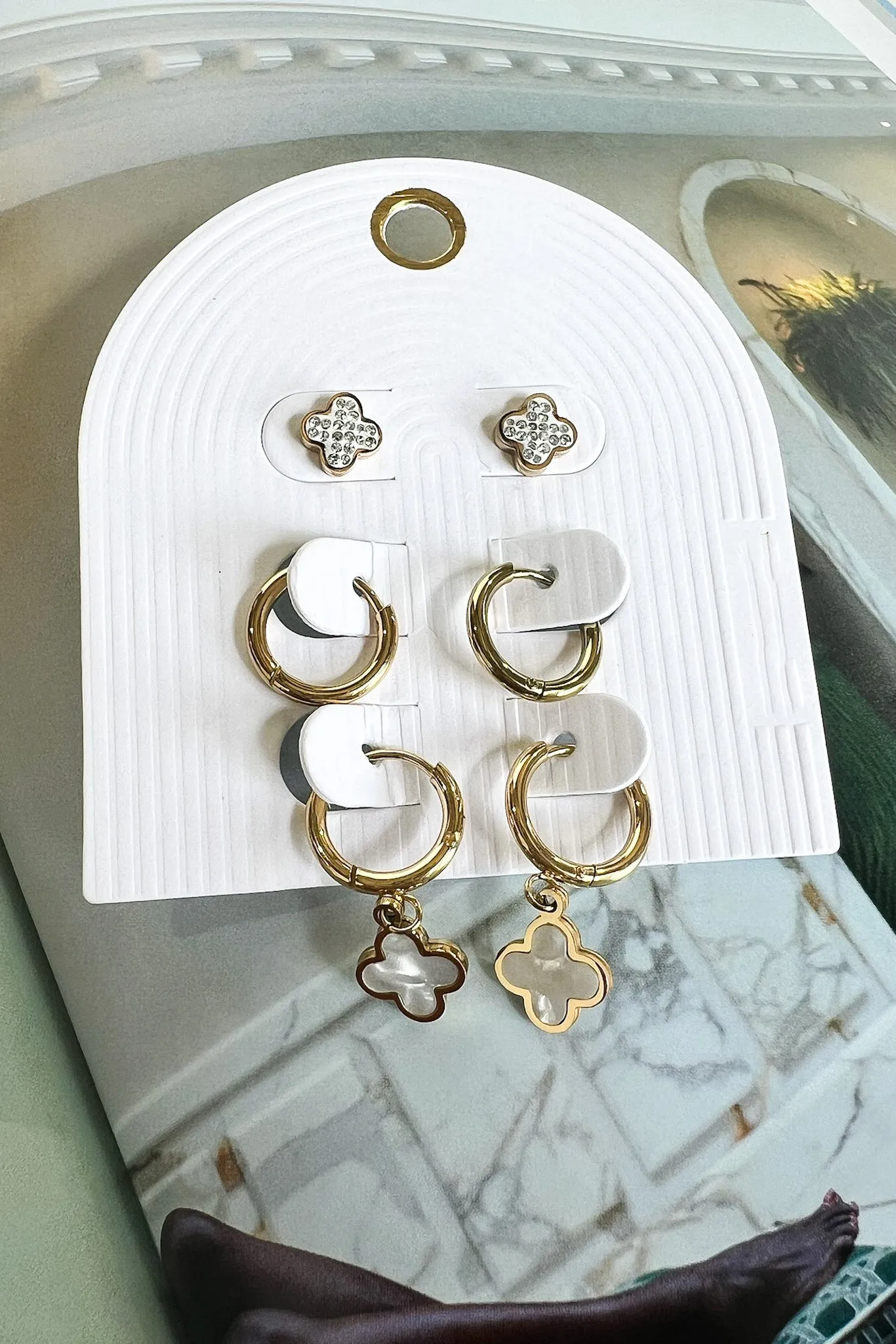 Marlenah Mother of Pearl Clover Hoop Earring Set