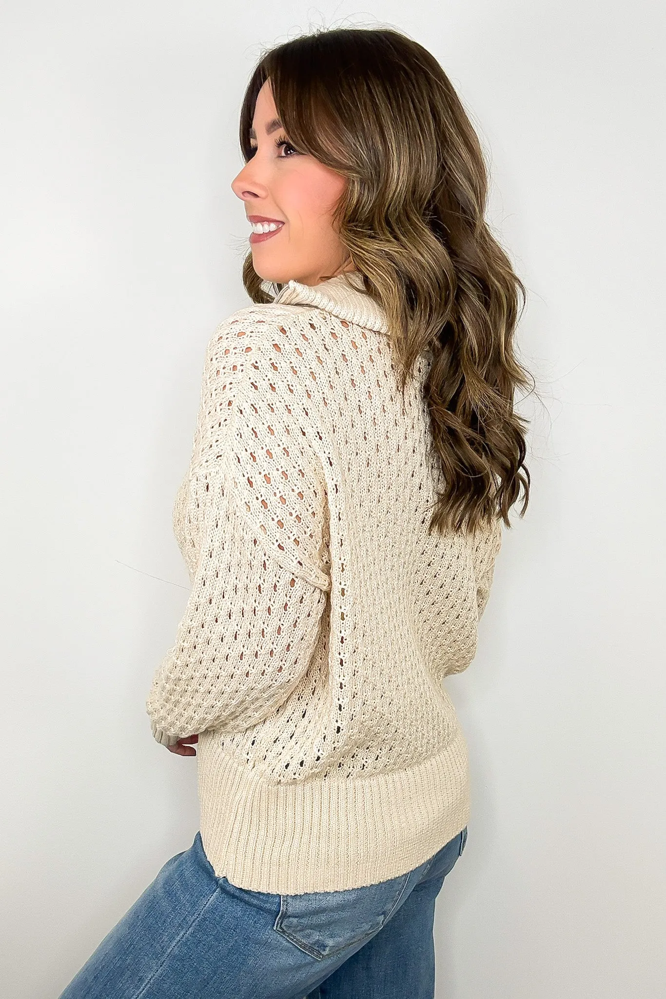 Megan Open Knit Quarter Zip Sweater