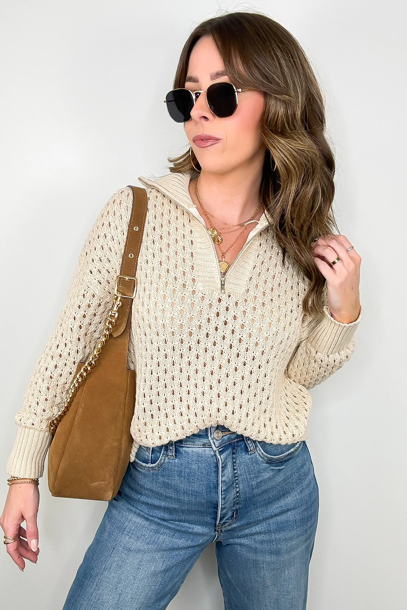 Megan Open Knit Quarter Zip Sweater