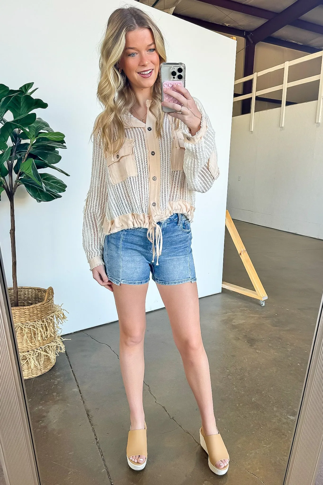 Millie Open Knit Drawstring Hem Button Down Top