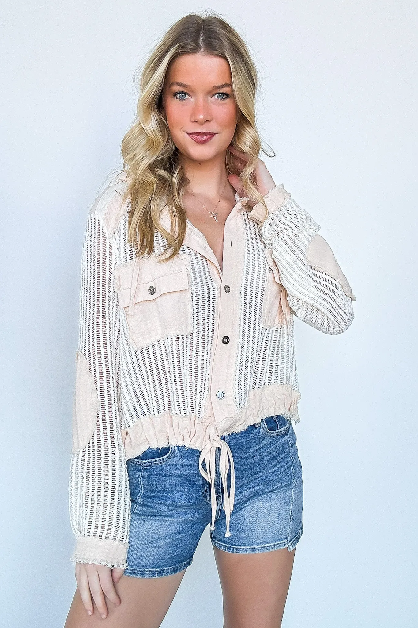 Millie Open Knit Drawstring Hem Button Down Top
