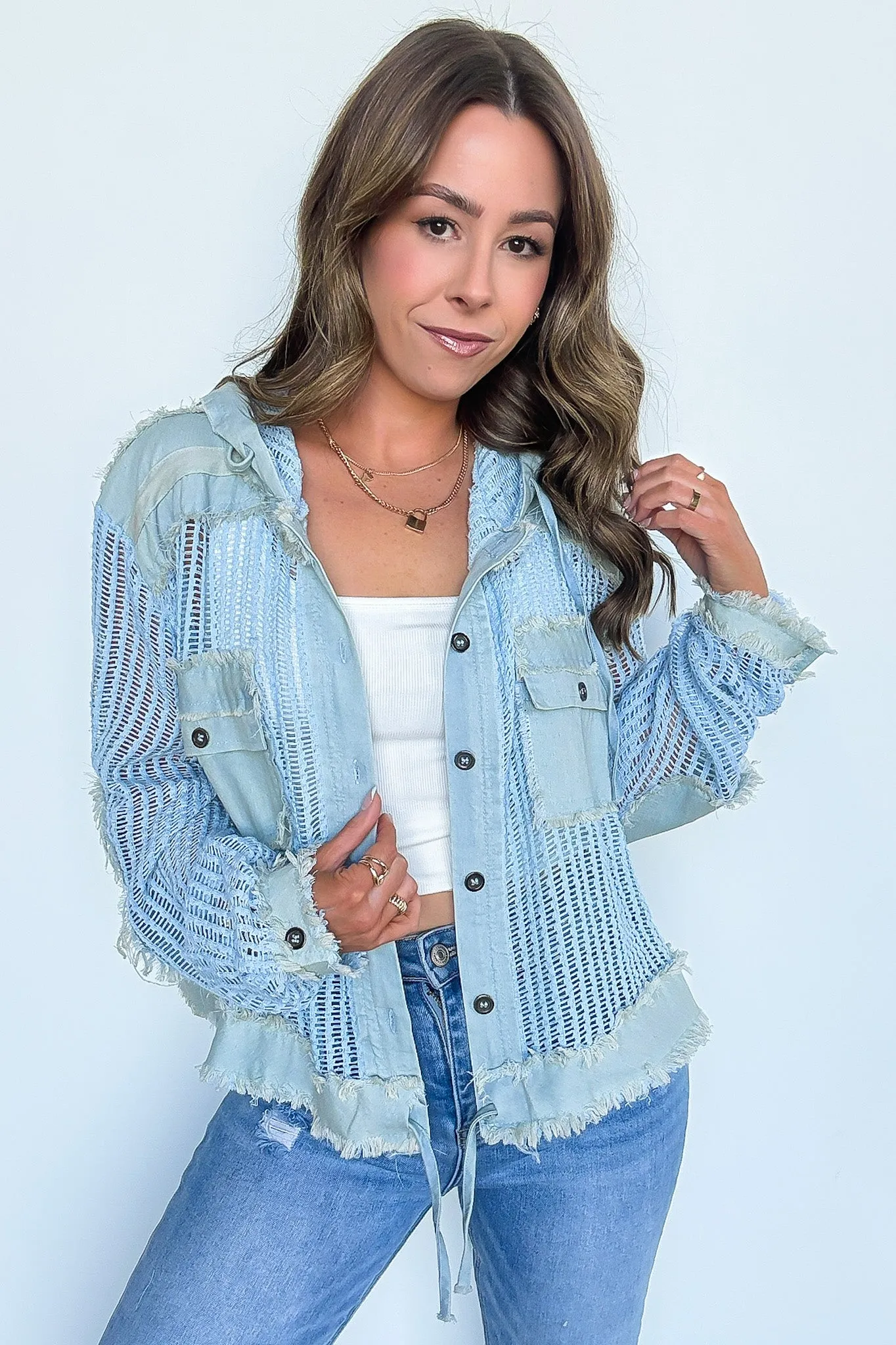 Millie Open Knit Drawstring Hem Button Down Top
