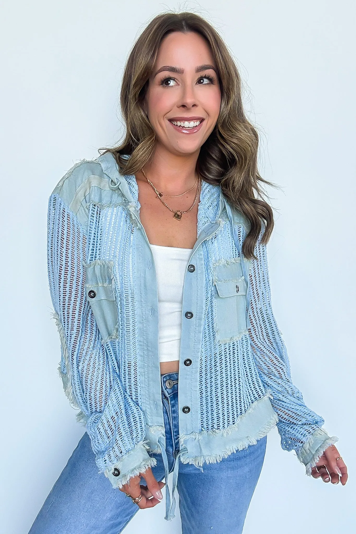 Millie Open Knit Drawstring Hem Button Down Top