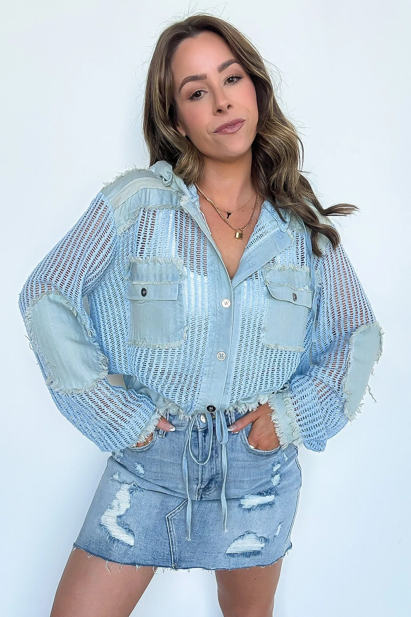 Millie Open Knit Drawstring Hem Button Down Top