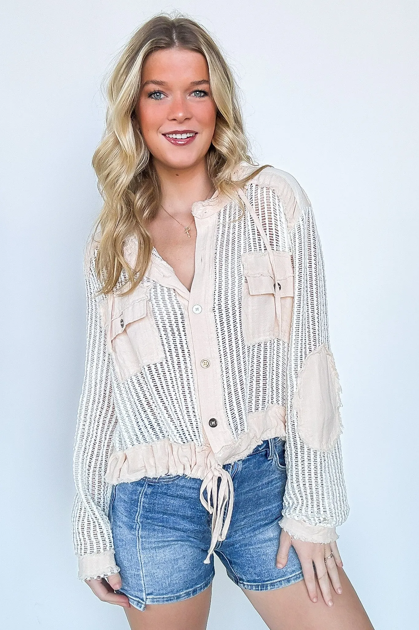 Millie Open Knit Drawstring Hem Button Down Top