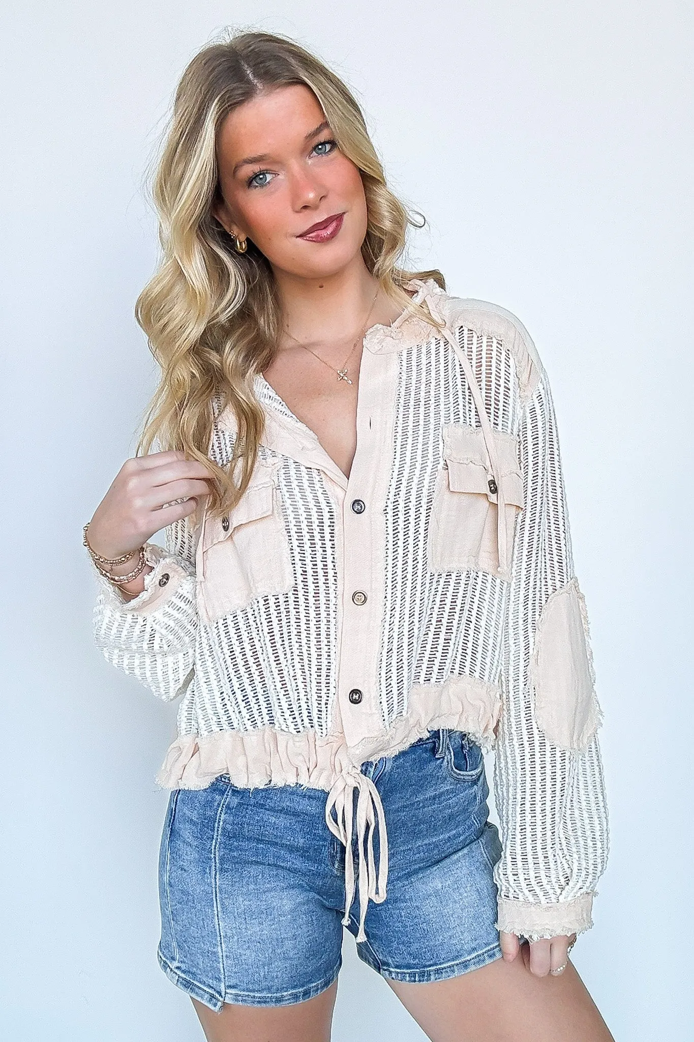 Millie Open Knit Drawstring Hem Button Down Top