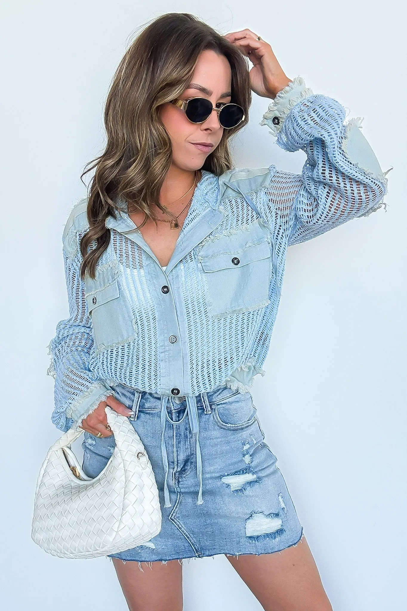 Millie Open Knit Drawstring Hem Button Down Top