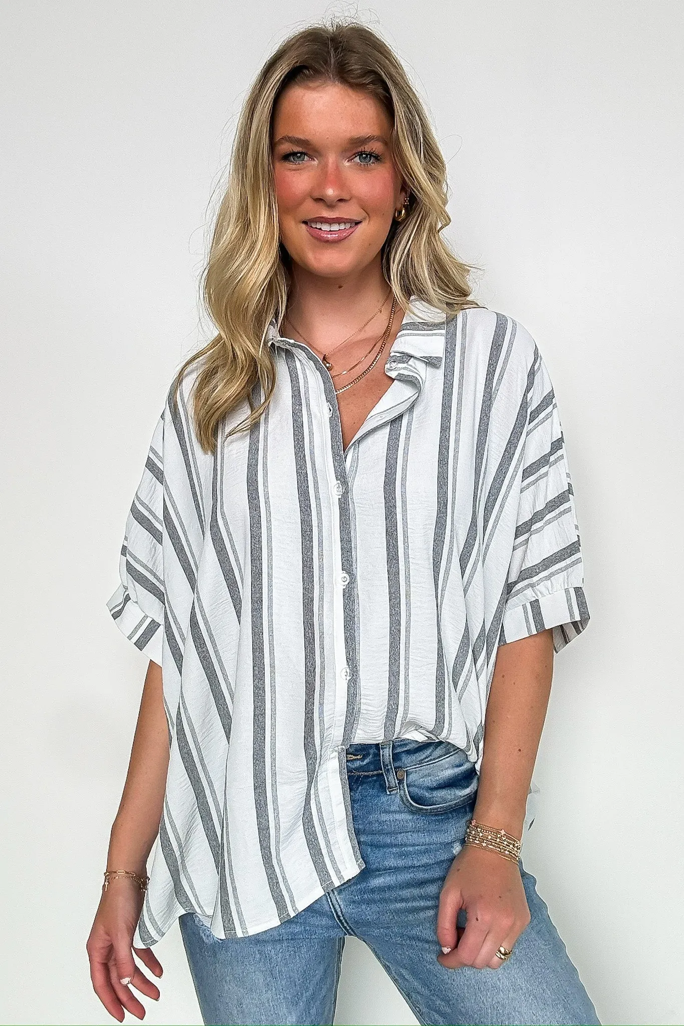Mirina Oversized Striped Button Down Top - BACK IN STOCK