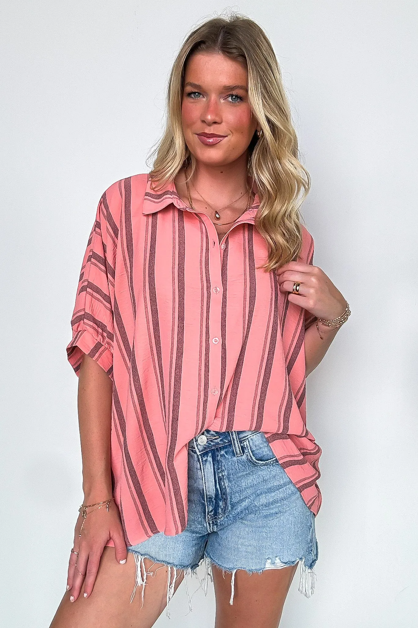 Mirina Oversized Striped Button Down Top - BACK IN STOCK
