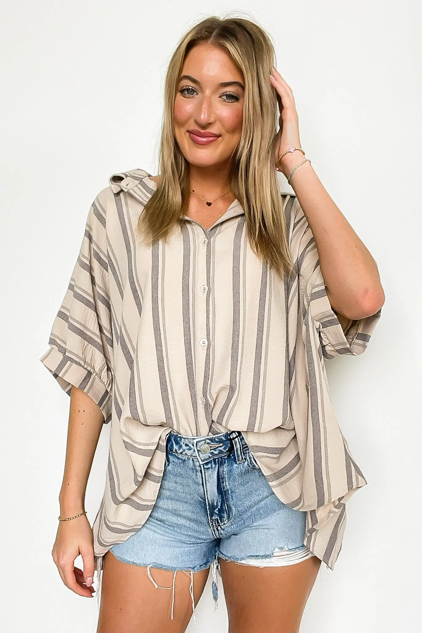 Mirina Oversized Striped Button Down Top - BACK IN STOCK