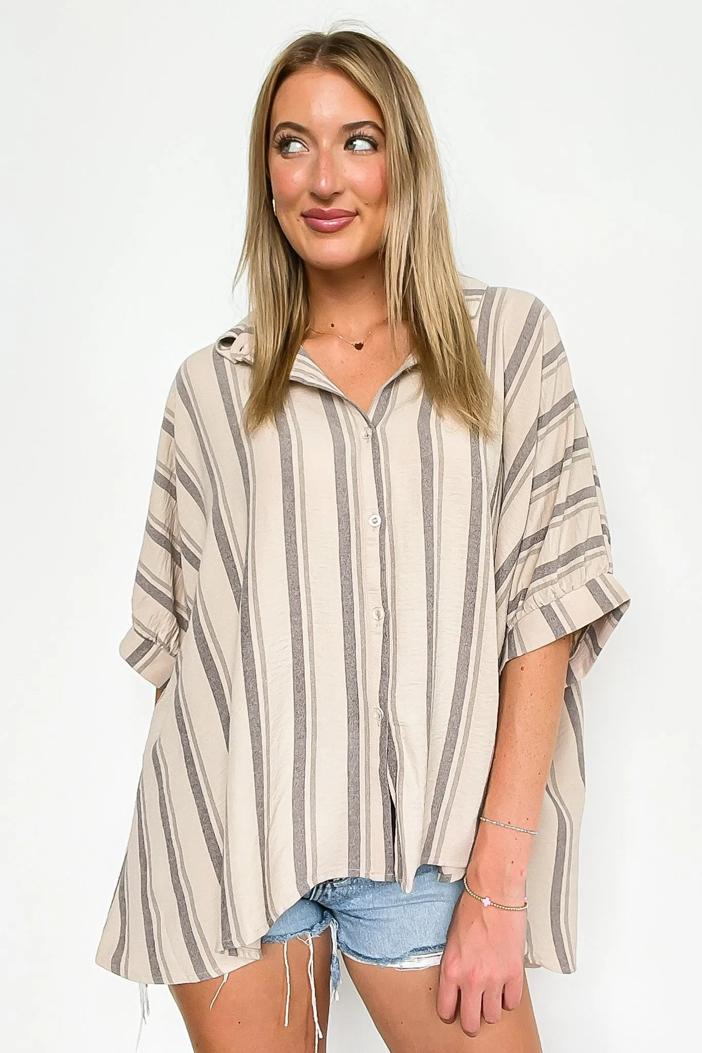 Mirina Oversized Striped Button Down Top - BACK IN STOCK