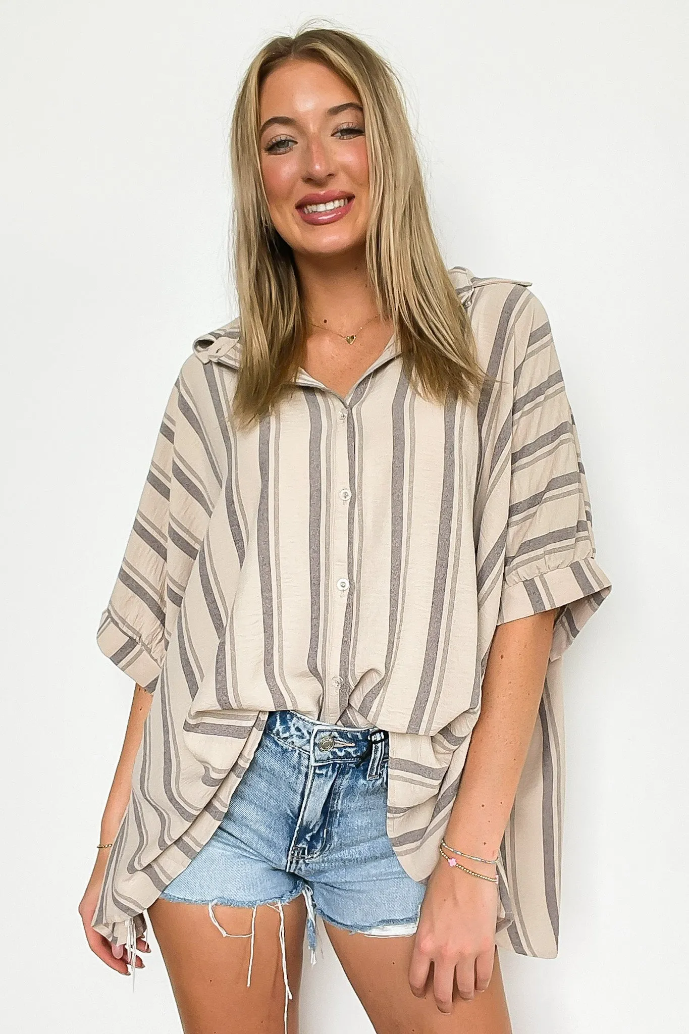 Mirina Oversized Striped Button Down Top - BACK IN STOCK