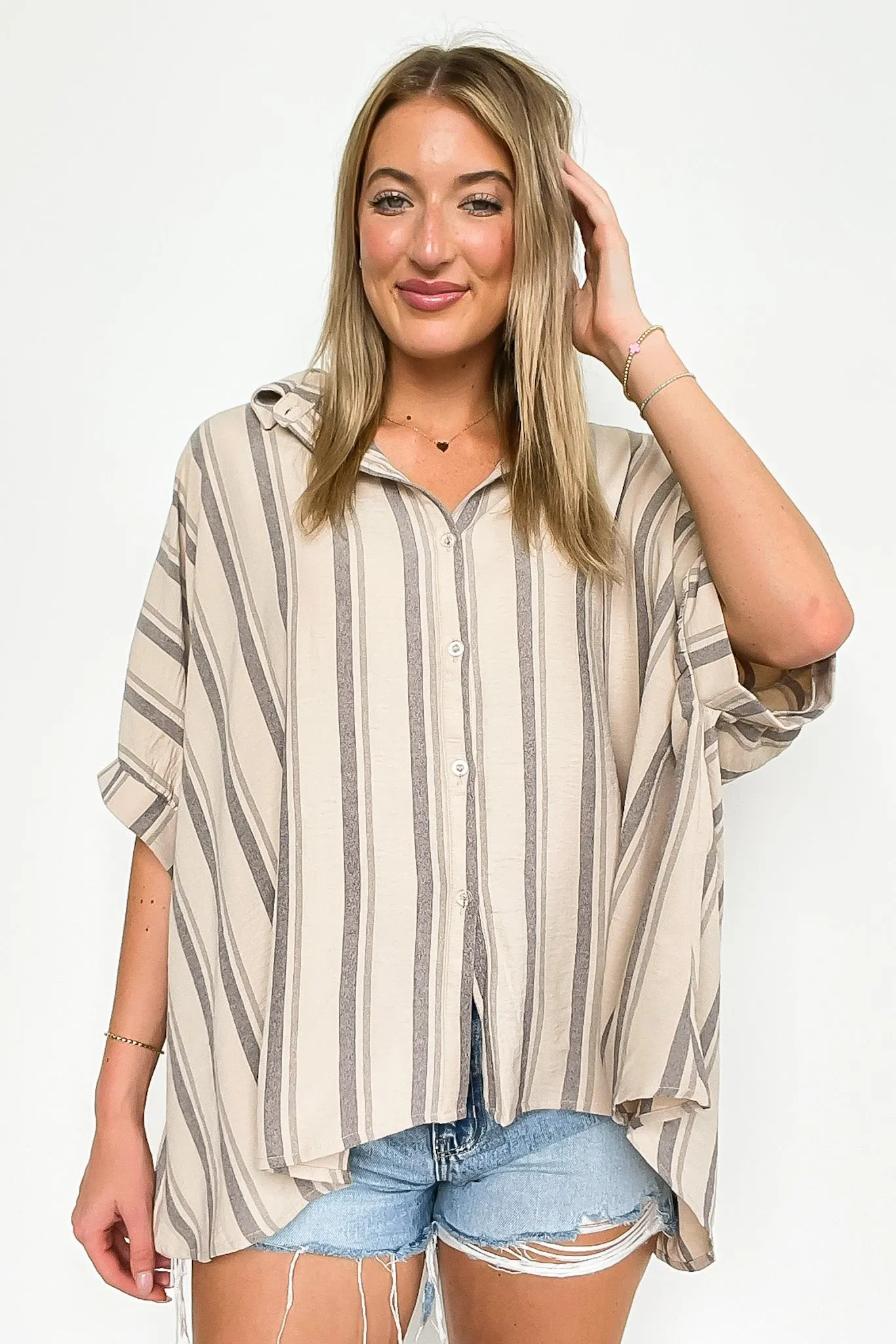 Mirina Oversized Striped Button Down Top - BACK IN STOCK