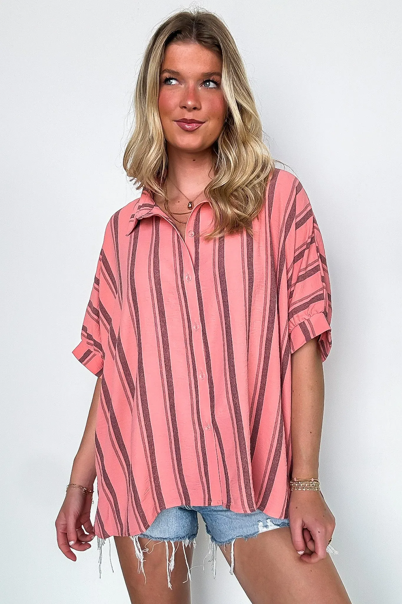 Mirina Oversized Striped Button Down Top - BACK IN STOCK