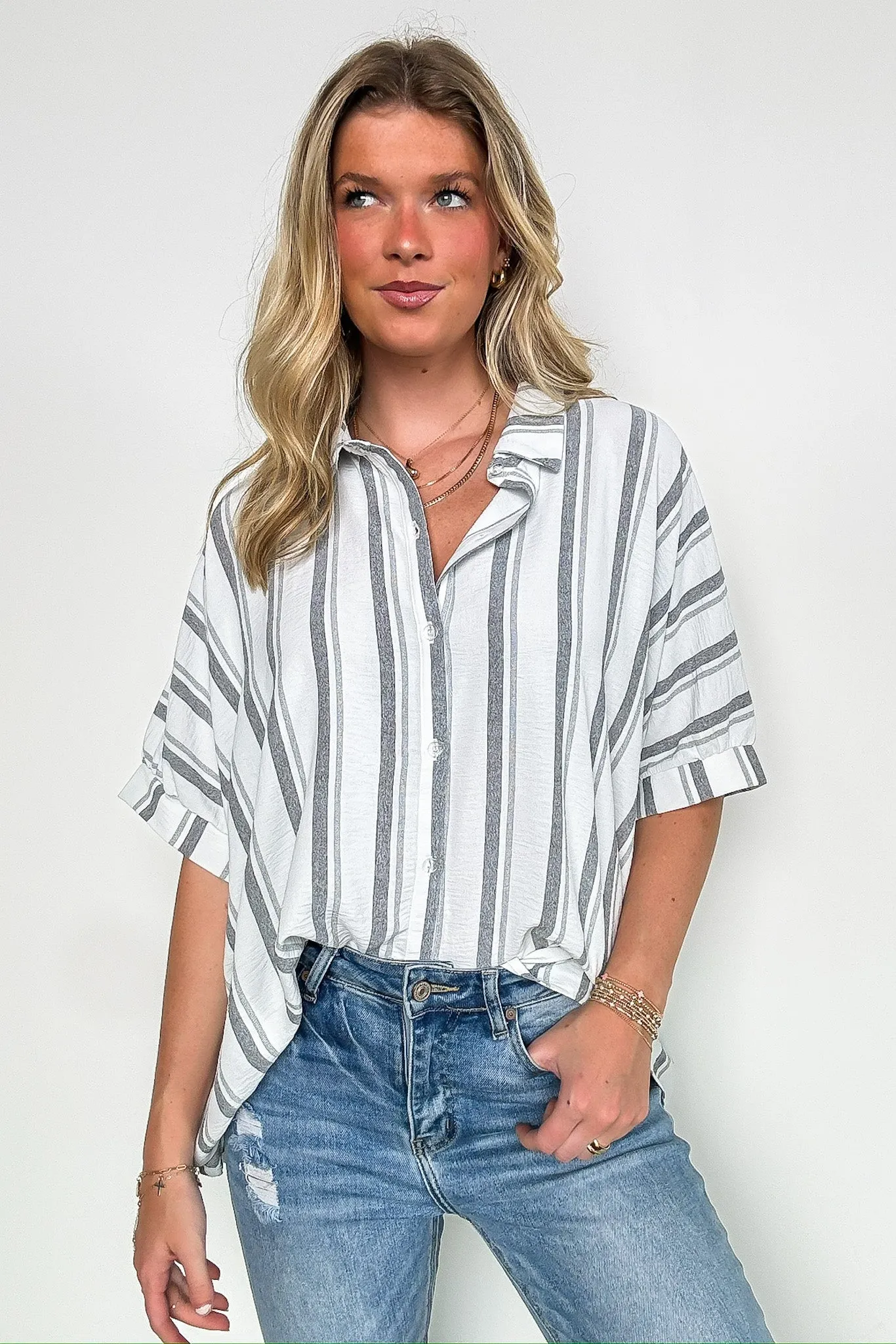 Mirina Oversized Striped Button Down Top - BACK IN STOCK