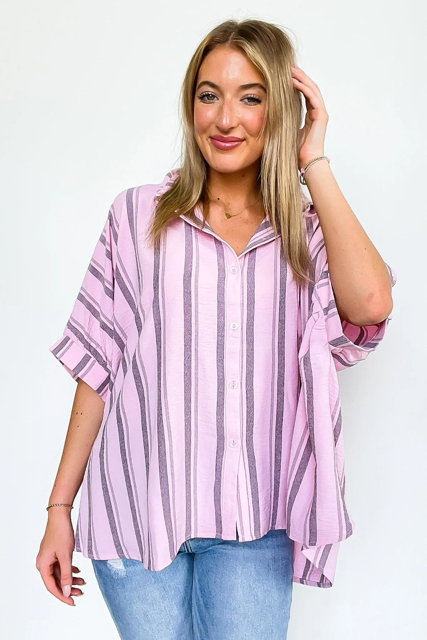 Mirina Oversized Striped Button Down Top - BACK IN STOCK
