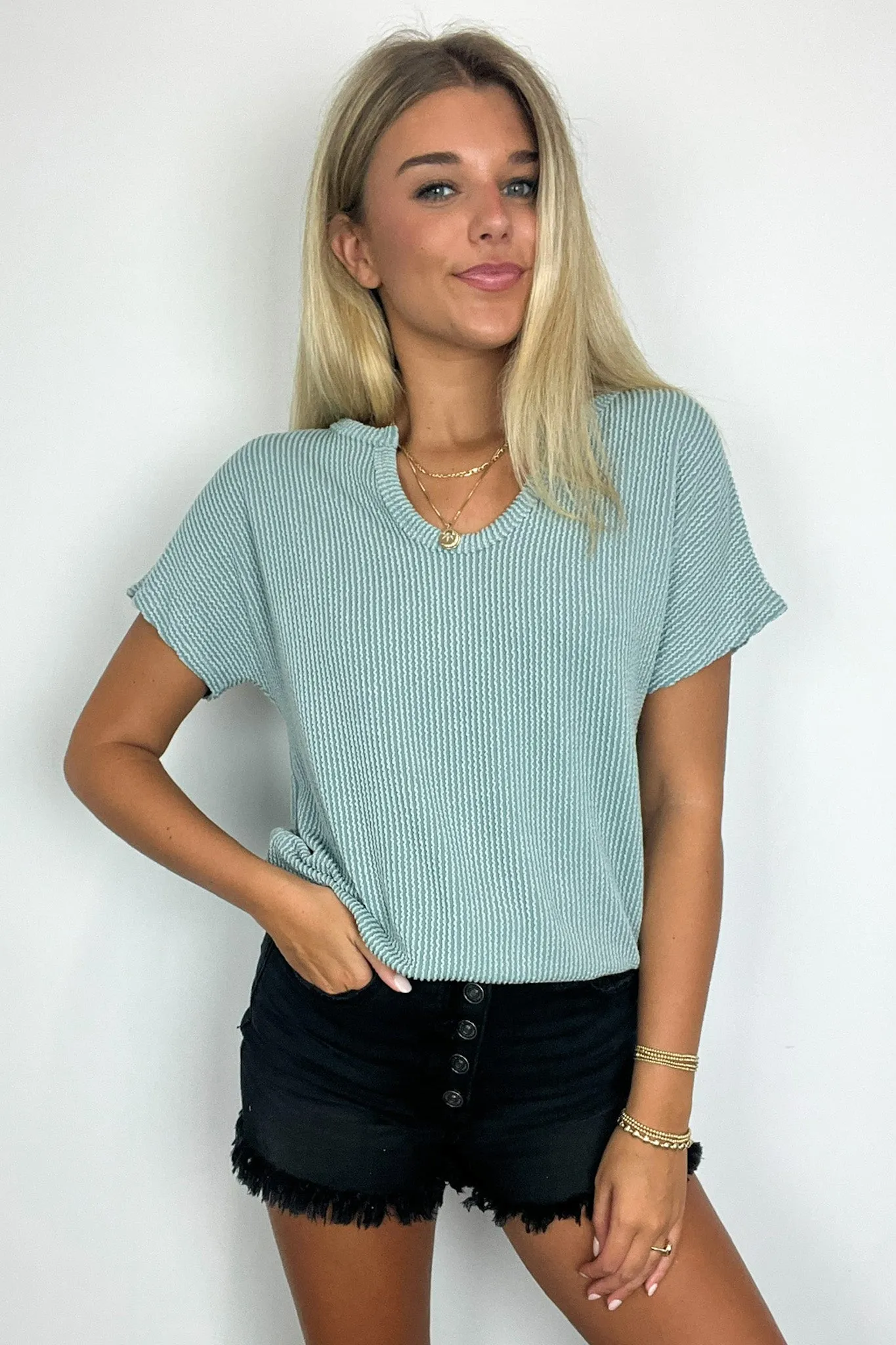 Oriana Rib Notched V-Neck Top