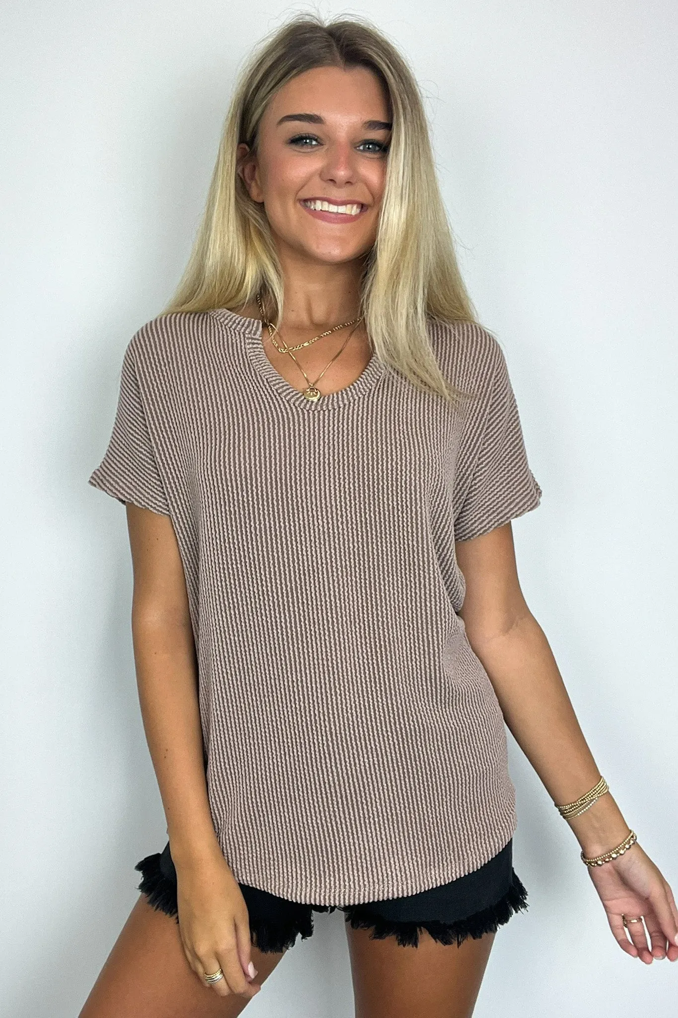Oriana Rib Notched V-Neck Top