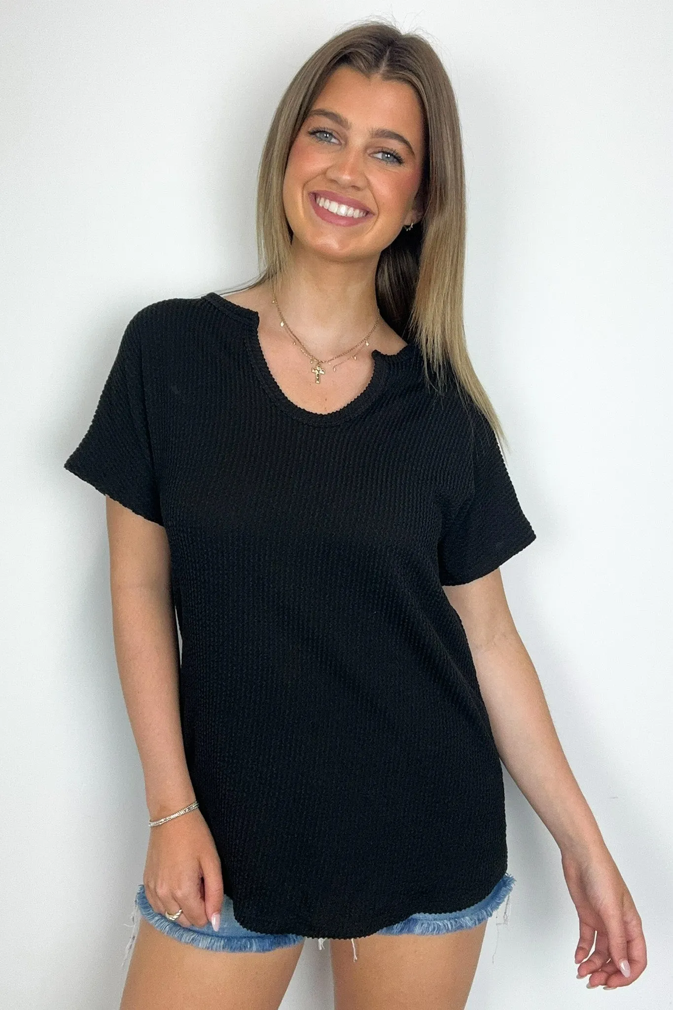 Oriana Rib Notched V-Neck Top