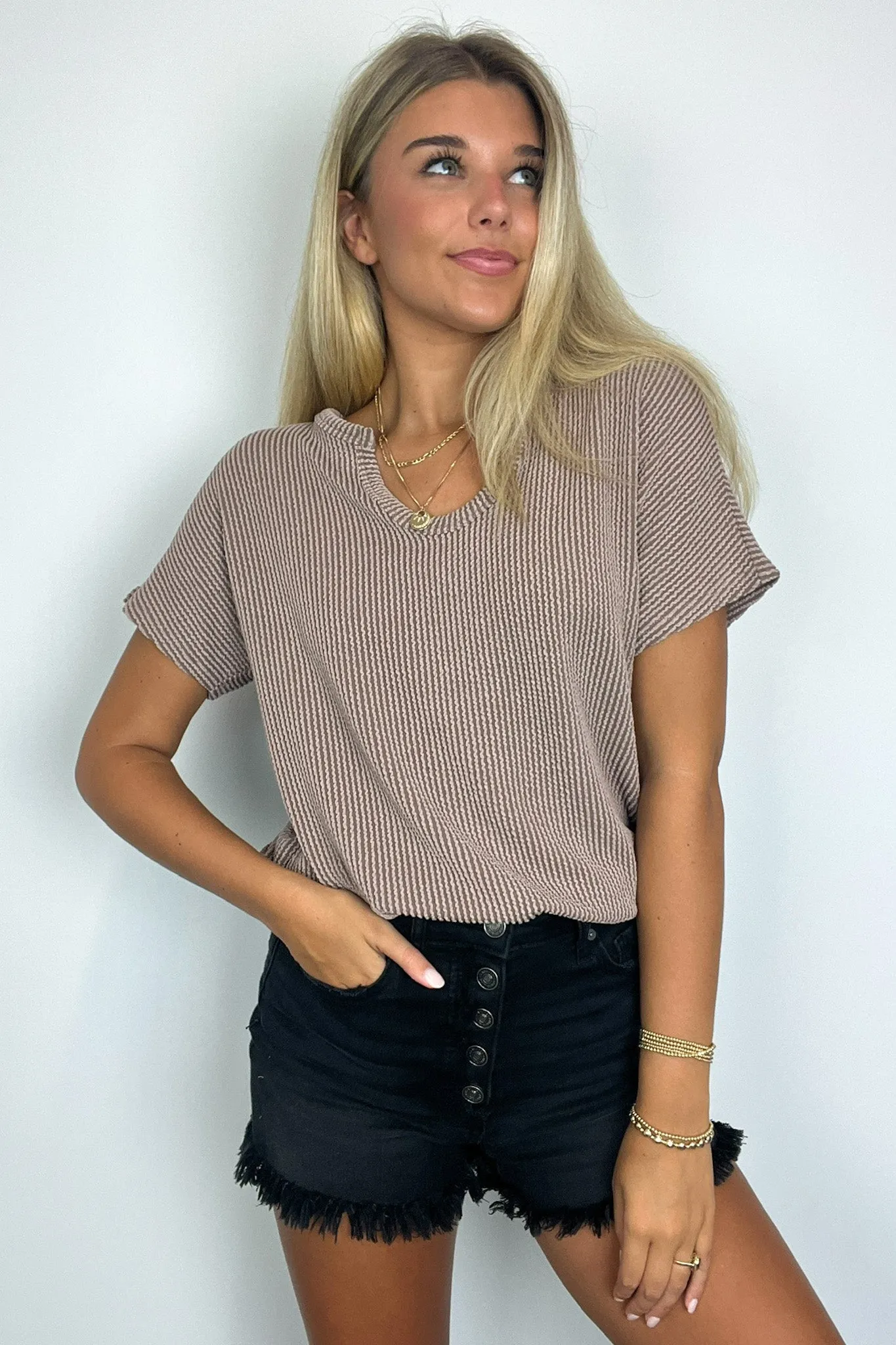 Oriana Rib Notched V-Neck Top