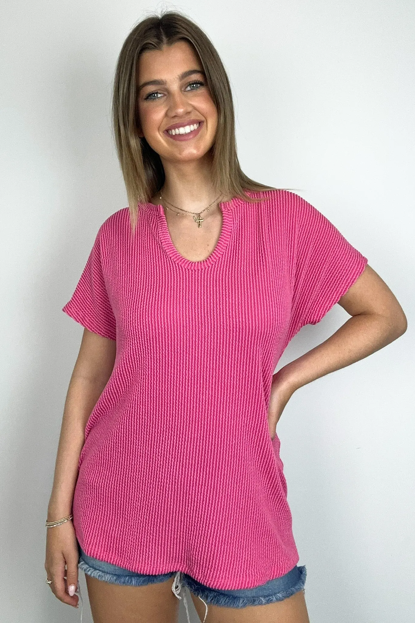 Oriana Rib Notched V-Neck Top