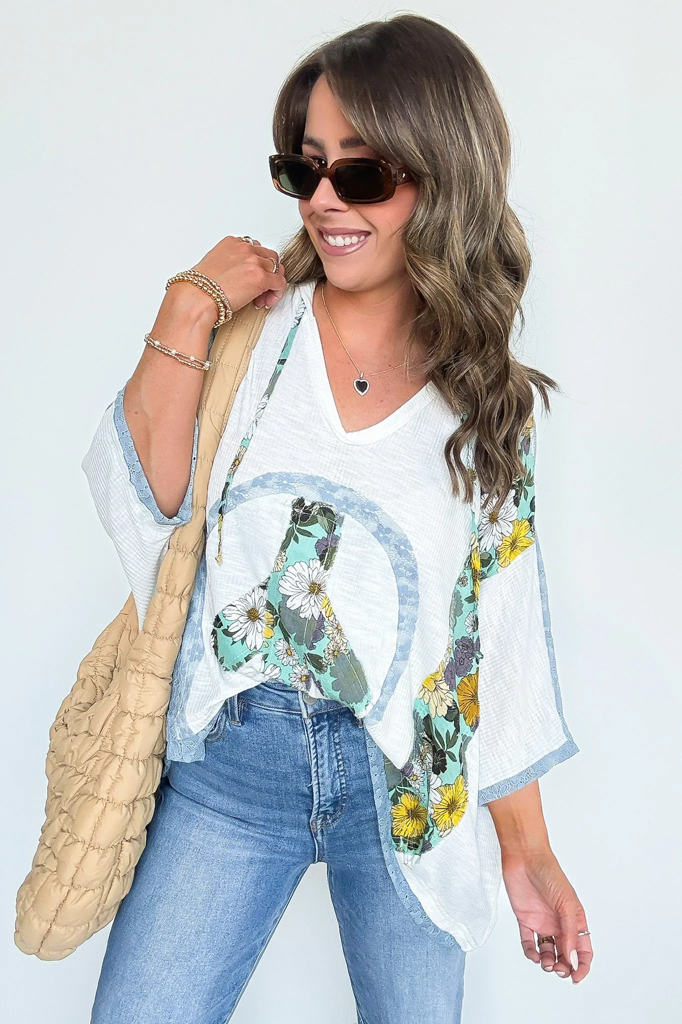 Outta Sight V-Neck Floral Peace Contrast Top