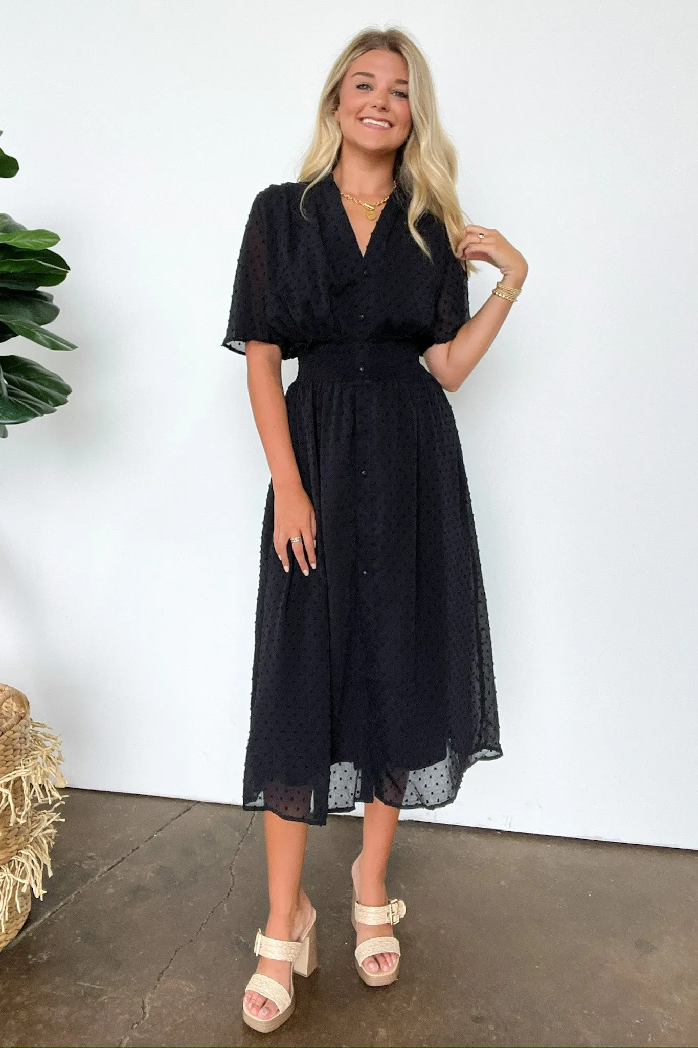 Perfect Destiny Button Up Swiss Dot Maxi Dress - FINAL SALE