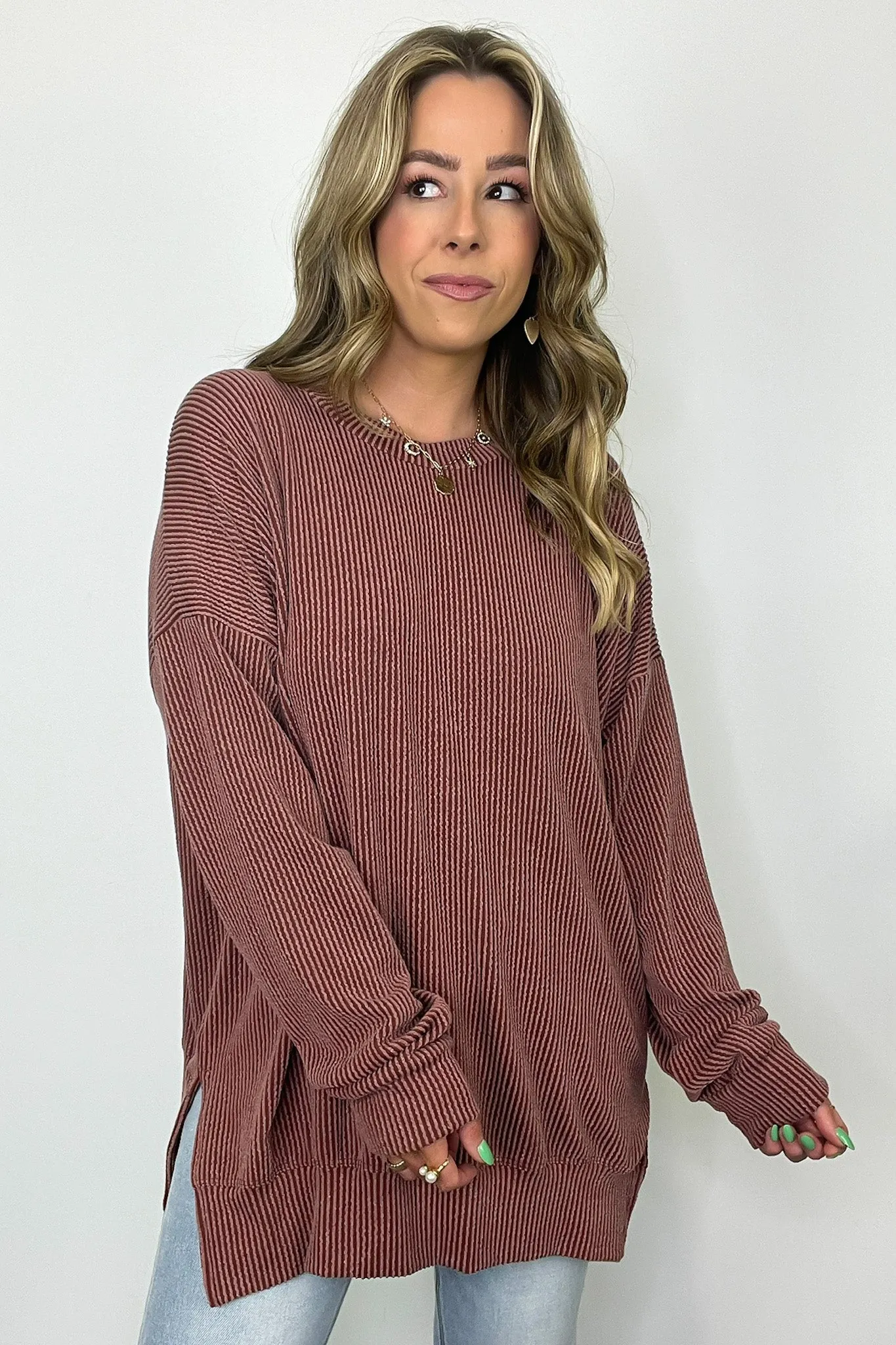 Pressley Rib Knit Side Slit Pullover - BACK IN STOCK