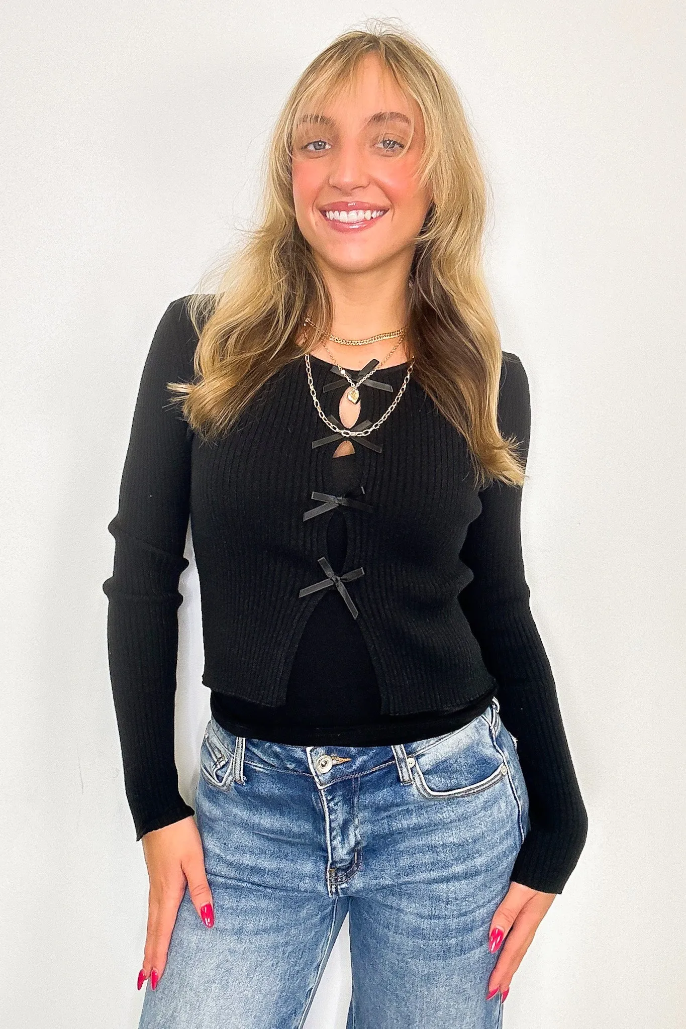 Refined Grace Cutout Ribbon Detail Ribbed Knit Sweater