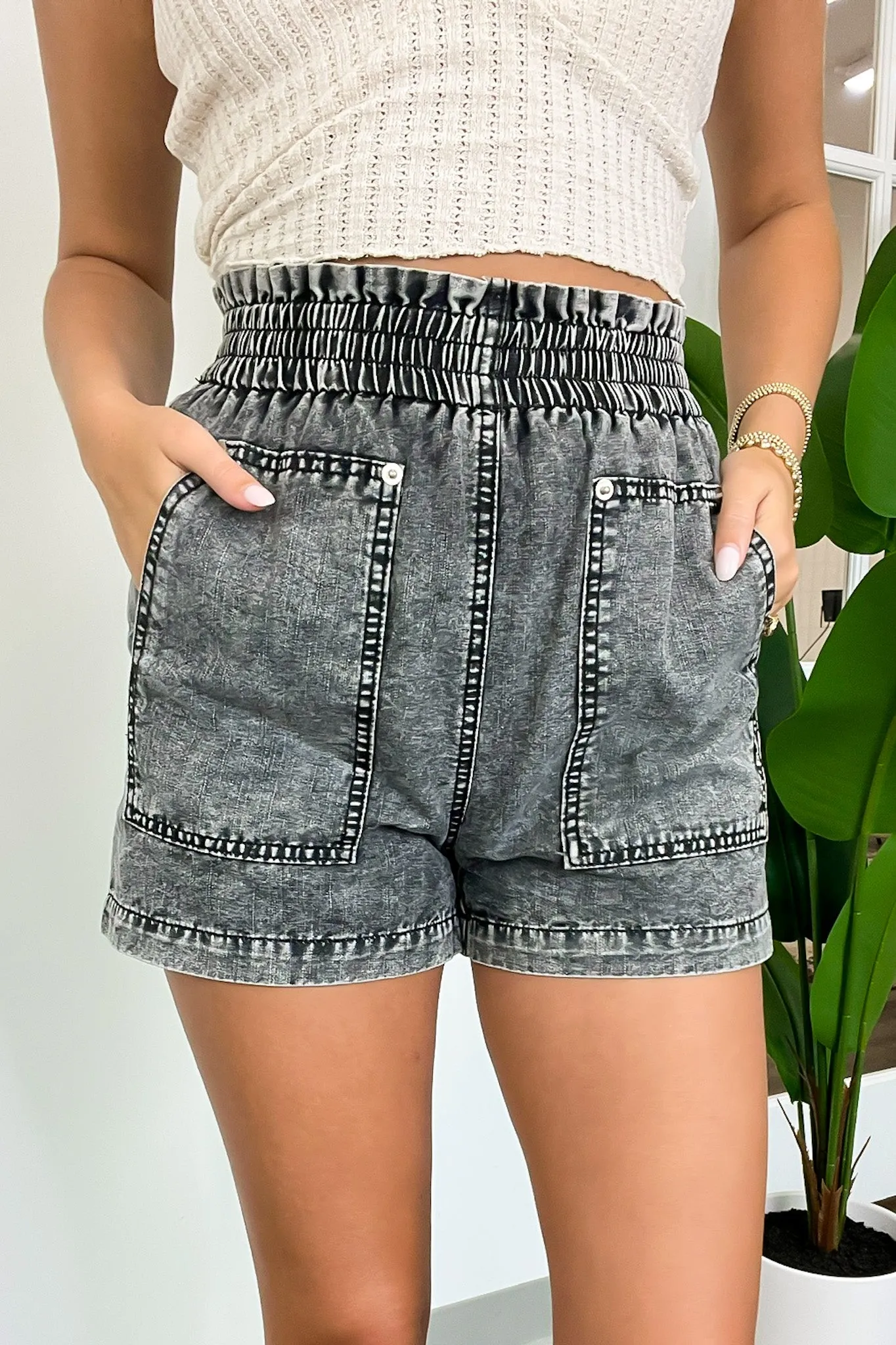 Say the Word Acid Wash Denim Paper Bag Waist Shorts