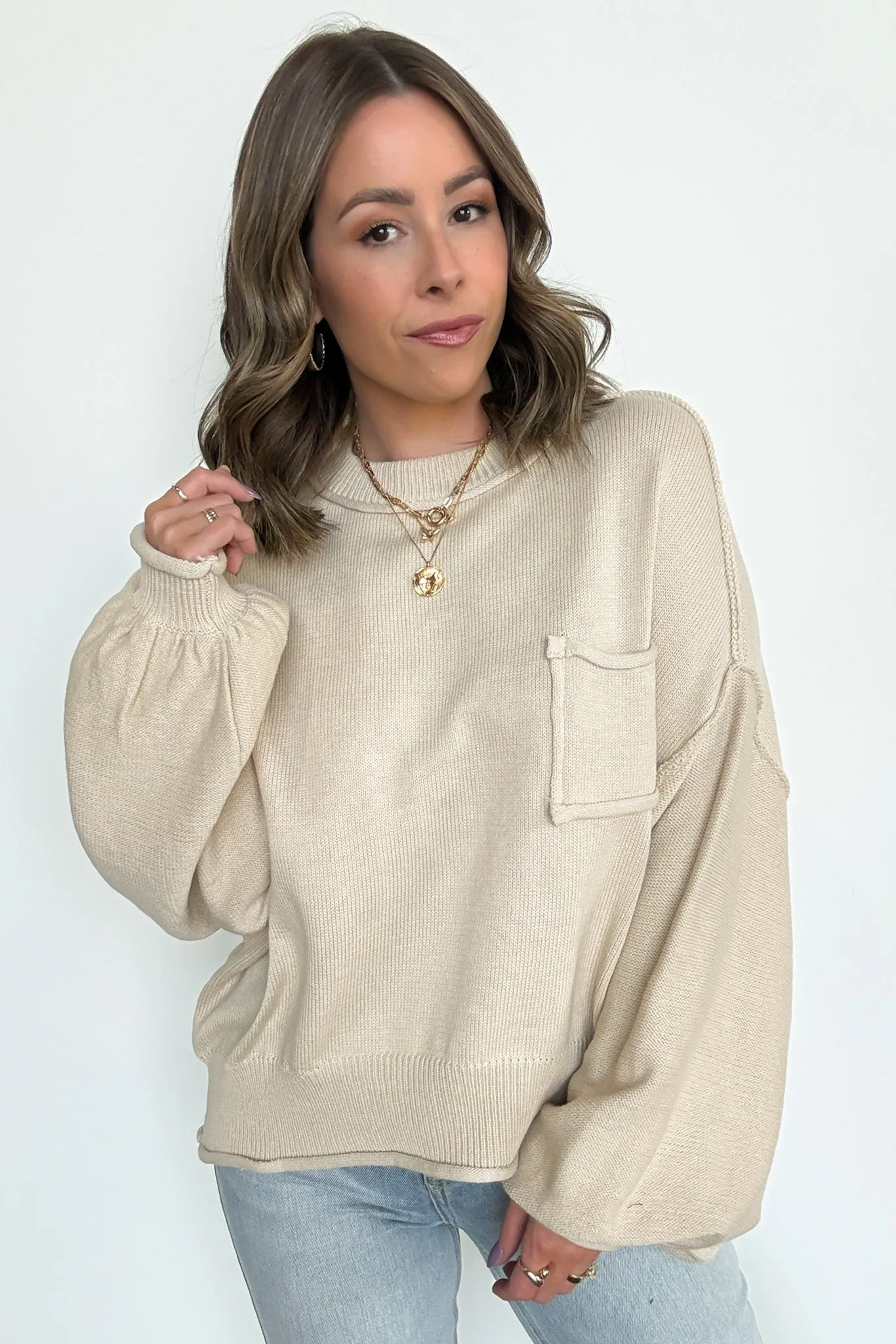 Saylor Balloon Sleeve Relaxed Knit Pocket Sweater - FINAL SALE