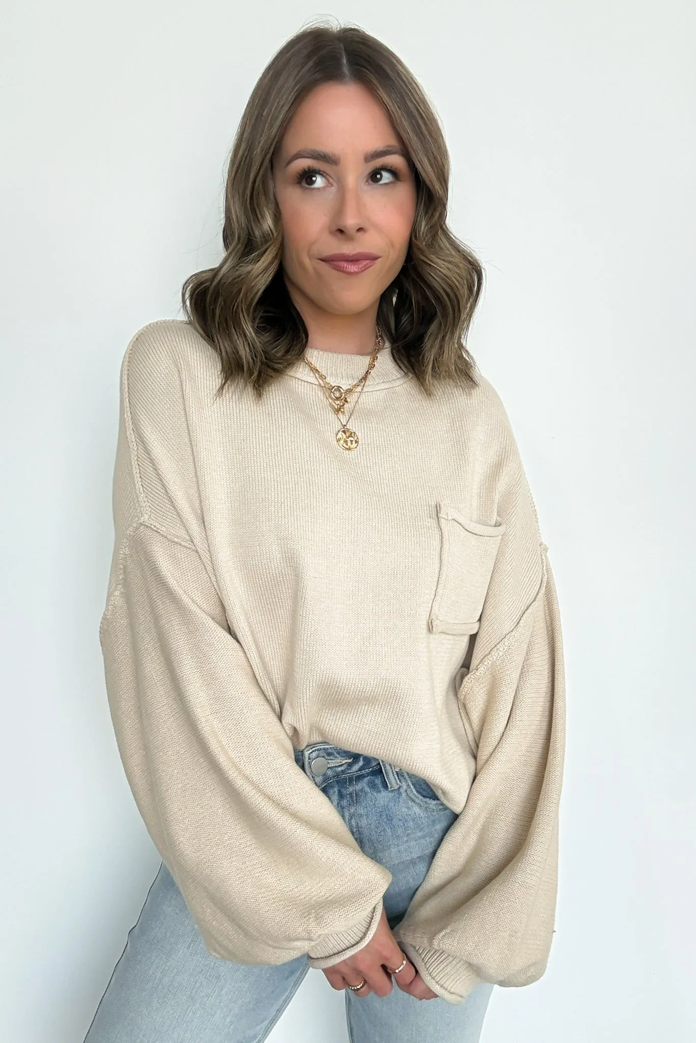 Saylor Balloon Sleeve Relaxed Knit Pocket Sweater - FINAL SALE