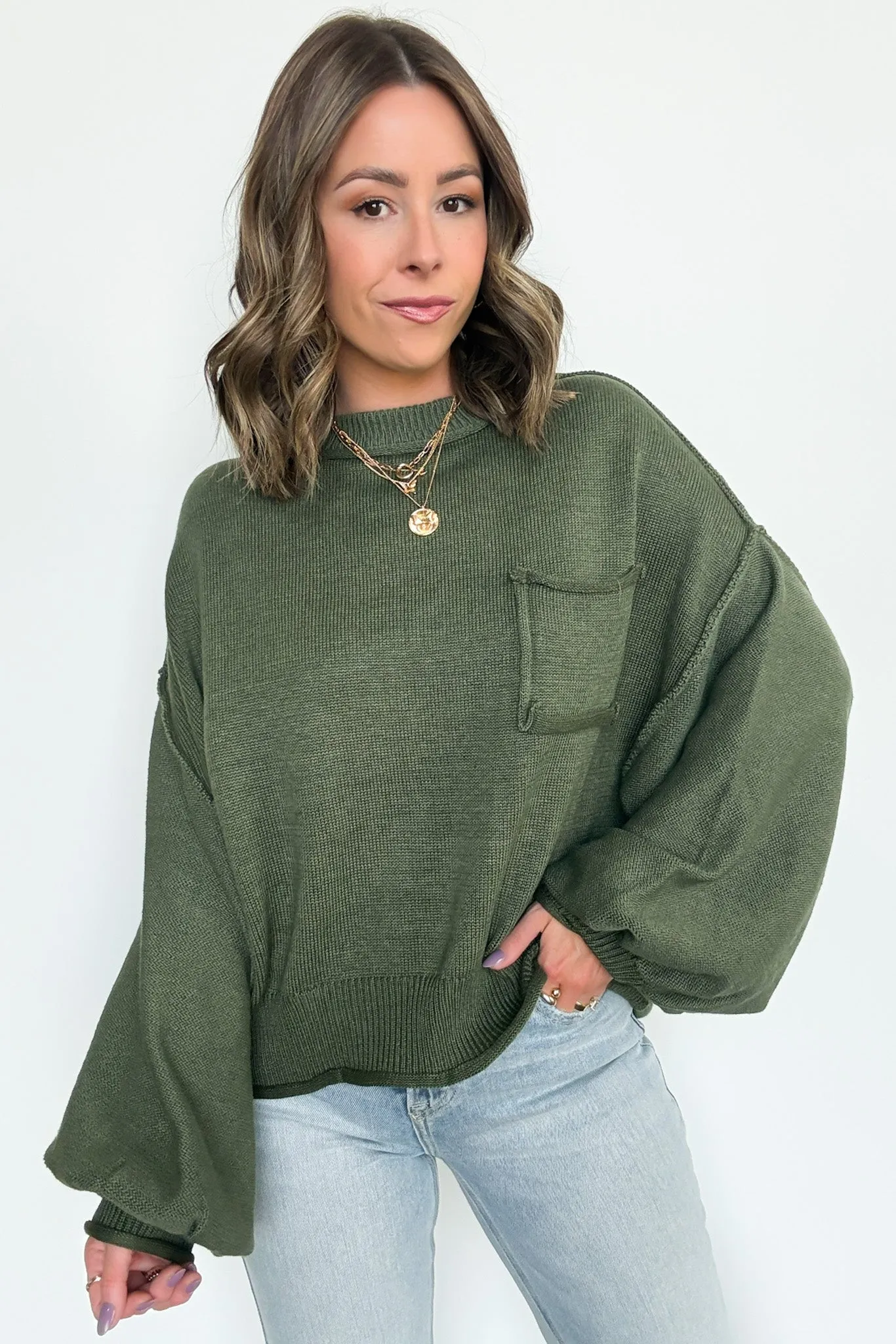 Saylor Balloon Sleeve Relaxed Knit Pocket Sweater - FINAL SALE