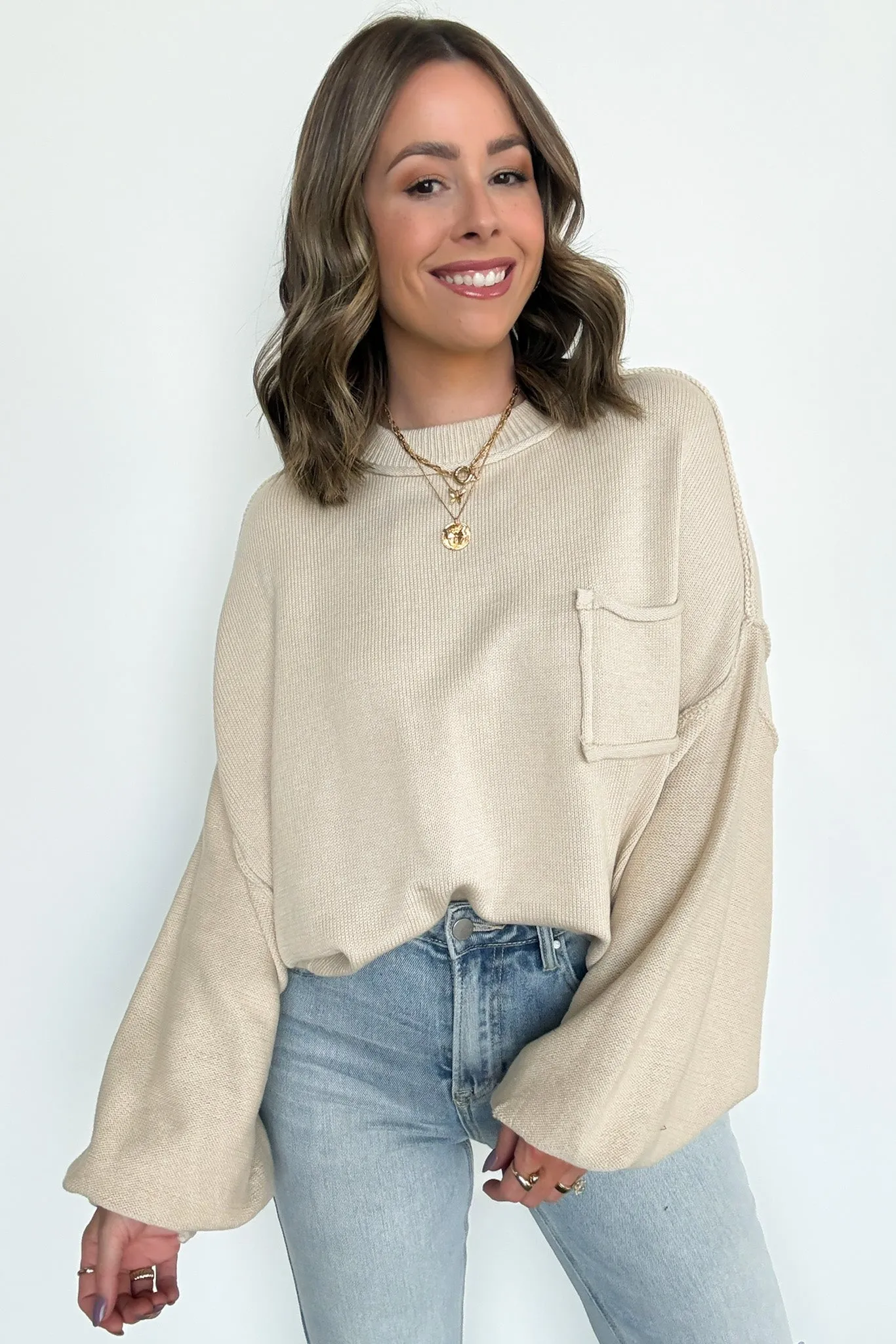 Saylor Balloon Sleeve Relaxed Knit Pocket Sweater - FINAL SALE